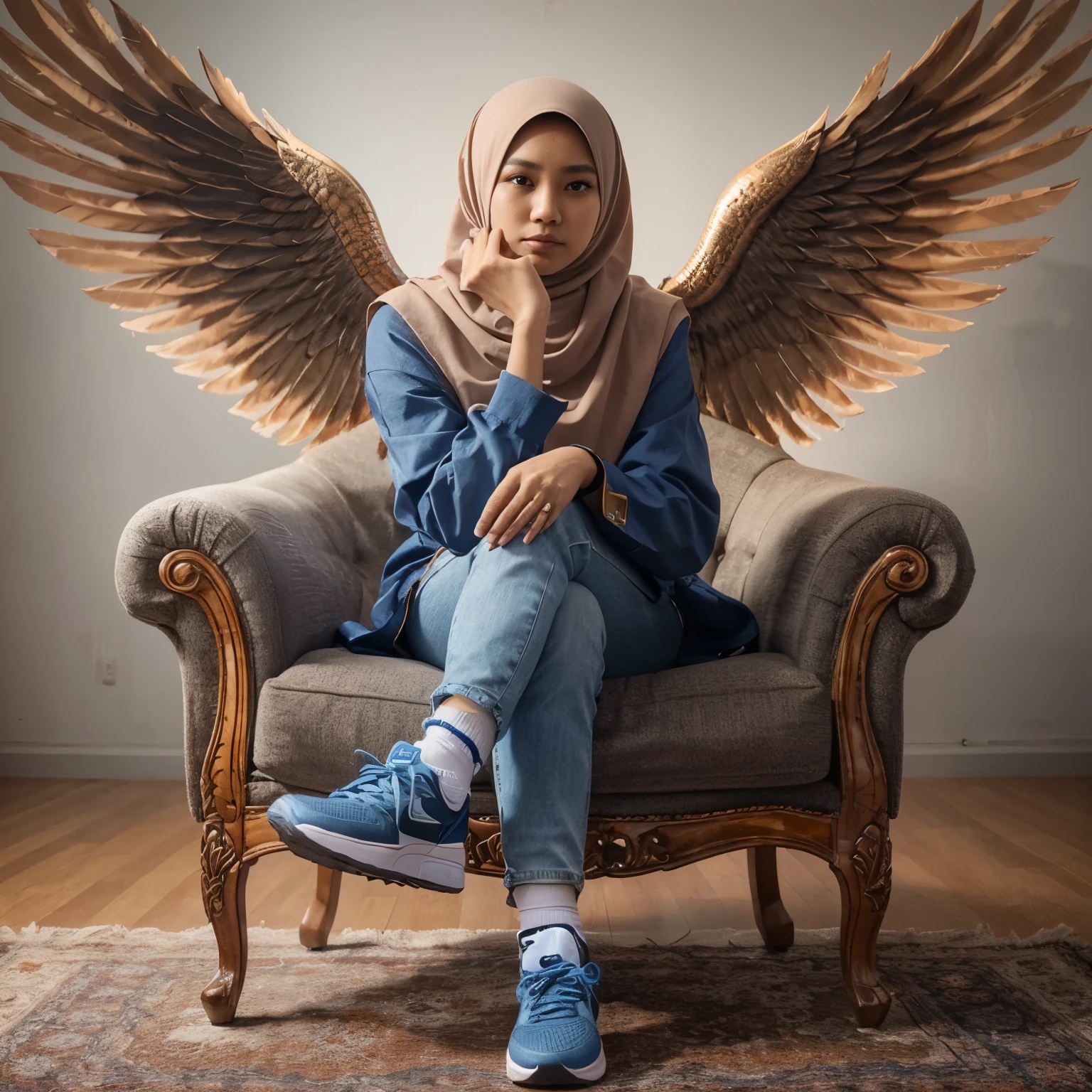 an Indonesian woman, wearing a casual hijab, wearing blue Nike shoes, sitting relaxed, in a luxurious chair, behind her there is a picture of wings, detailed, realistic,4k
