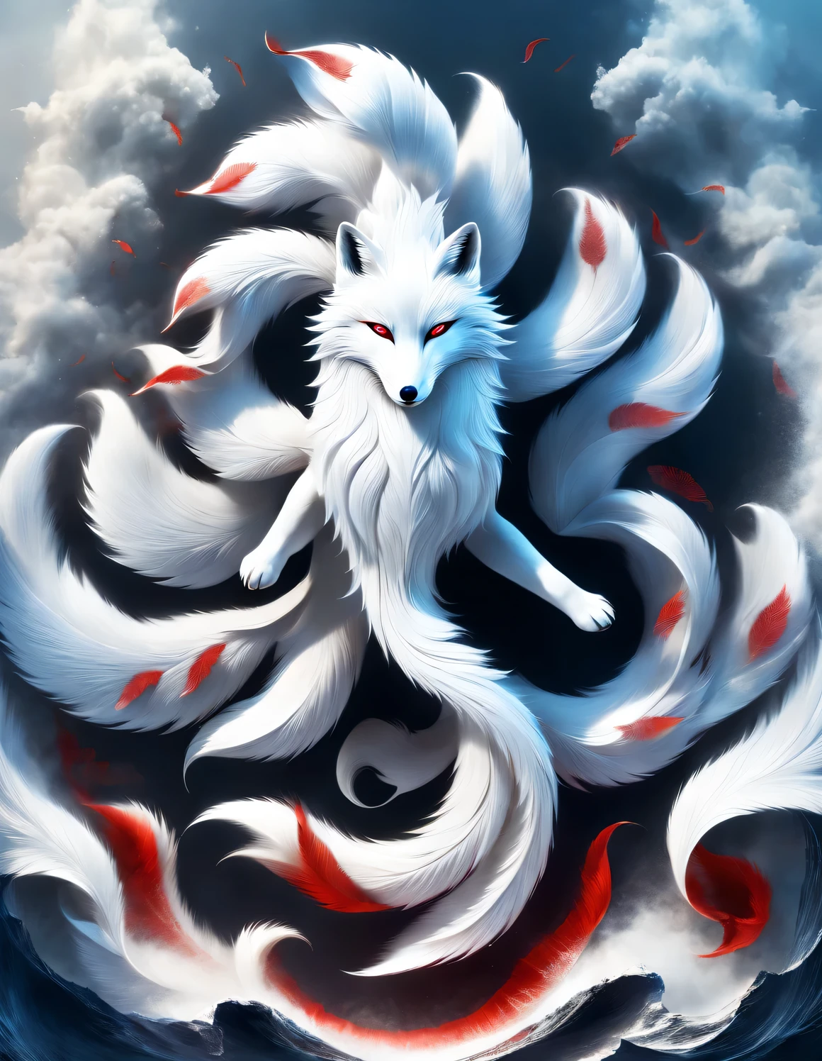 scenography, role conception, a white fox with blue eyes in ancient Chinese mythology, There are nine red tails spreading wildly below (All aside), standing posture, dynamic poses, (The nine huge red tails that protrude from the fox's waist down), (blue eyes), With clear fox claws, Mysterious legends, Chinese mythology, Ancient divine beasts, and Chinese Classic of Mountains and Seas, concept art, illustration, 8k, Smooth, clear focus, fantasy, Epic visual effects,