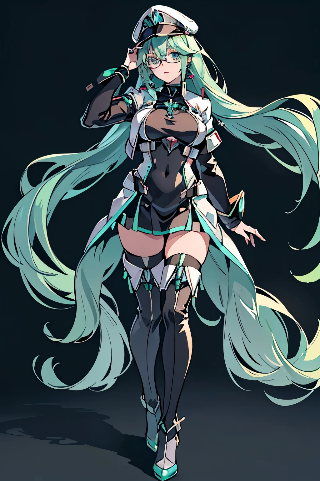 Anime, Girl, (((1girl))), (((Waifu, Xenoblade Chronicles 2, Pneuma Waifu))), (((Seafoam Green Hair, Long Hair))), ((Seafoam Green Eyes eyes:1.3, Upturned Eyes: 1, Perfect Eyes, Beautiful Detailed Eyes, Gradient eyes: 1, Finely Detailed Beautiful Eyes: 1, Symmetrical Eyes: 1, Big Highlight On Eyes: 1.2)), (((Lustrous Skin: 1.5, Bright Skin: 1.5, Skin Fair, Shiny Skin, Very Shiny Skin, Shiny Body, Plastic Glitter Skin, Exaggerated Shiny Skin, Illuminated Skin))), (Detailed Body, (Detailed Face)), Young, Idol Pose, (Best Quality), ((((Techwear))), (((Military Uniform))), (((Military Cap))), (((Military Coat))), (((Thigh-high Heeled Boots))), (((Reading Glasses))), (((Earrings)))) High Resolution, Sharp Focus, Ultra Detailed, Extremely Detailed, Extremely High Quality Artwork, (Realistic, Photorealistic: 1.37), 8k_Wallpaper, (Extremely Detailed CG 8k), (Very Fine 8K CG), ((Hyper Super Ultra Detailed Perfect Piece)), (((Flawlessmasterpiece))), Illustration, Vibrant Colors, (Intricate), High Contrast, Selective Lighting, Double Exposure, HDR (High Dynamic Range), Post-processing, Background Blur