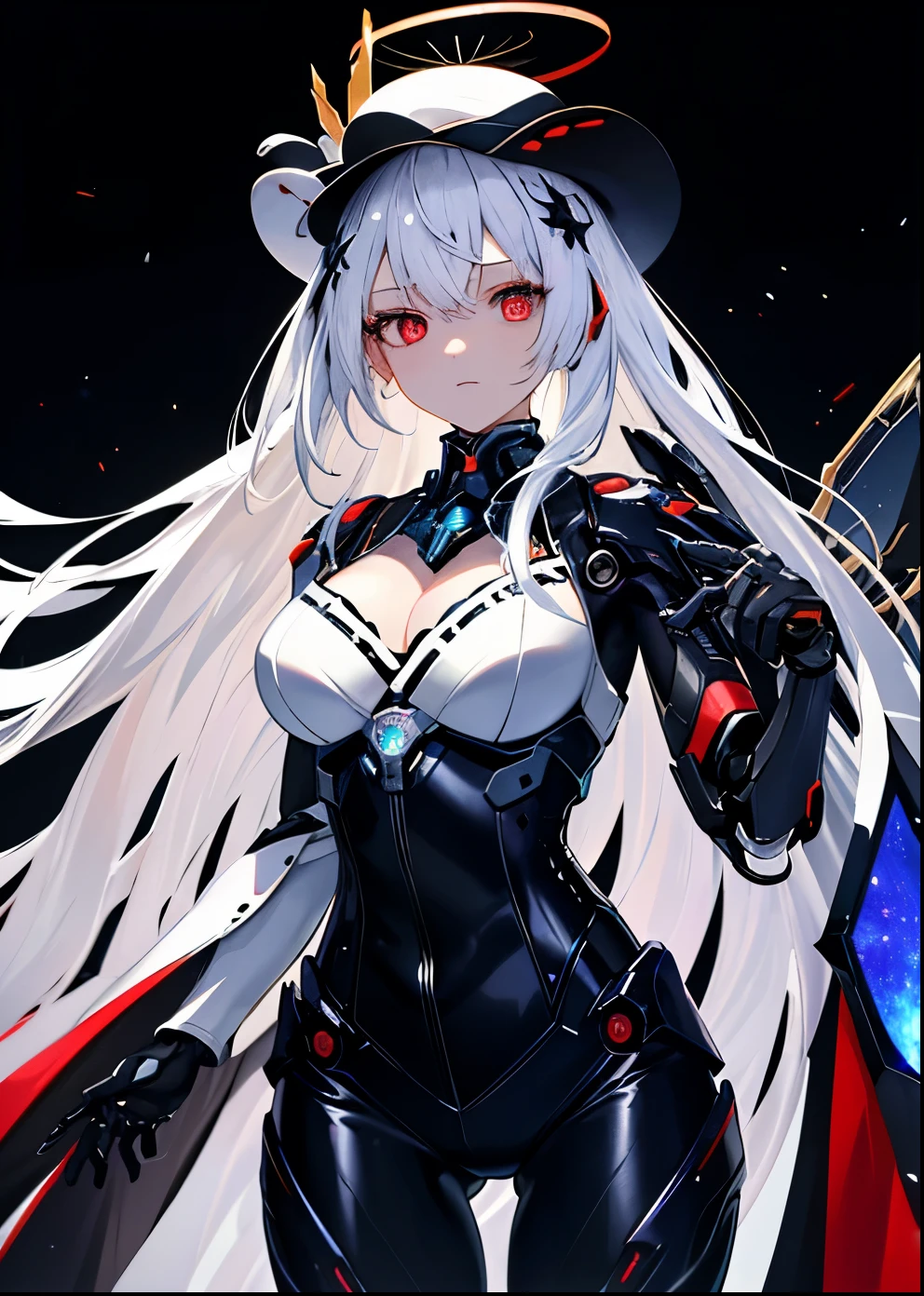 masterpiece,best quality,Super detailed,Very detailed的插图,Very detailed,intricate details,high resolution,超级intricate details,Very detailed 8k cg wallpaper,cowboy shooting, Caustics,reflection,Ray tracing,Demon Theme,nebula,dark aura,cyber effect, (1 girl:1.4),alone,alone,Mecha Maiden,Mechanical Parts, joint,single mechanical arm, hat, Mechanical Halo,Star Hello,Complex mechanical body suit, mecha corset, kimono, Full A, very long hair,white hair, hair between eyes, colorful hair, Colored inner hair, red eyes,glowing eyes,line of sight, random expression,random action, White background，simple background
