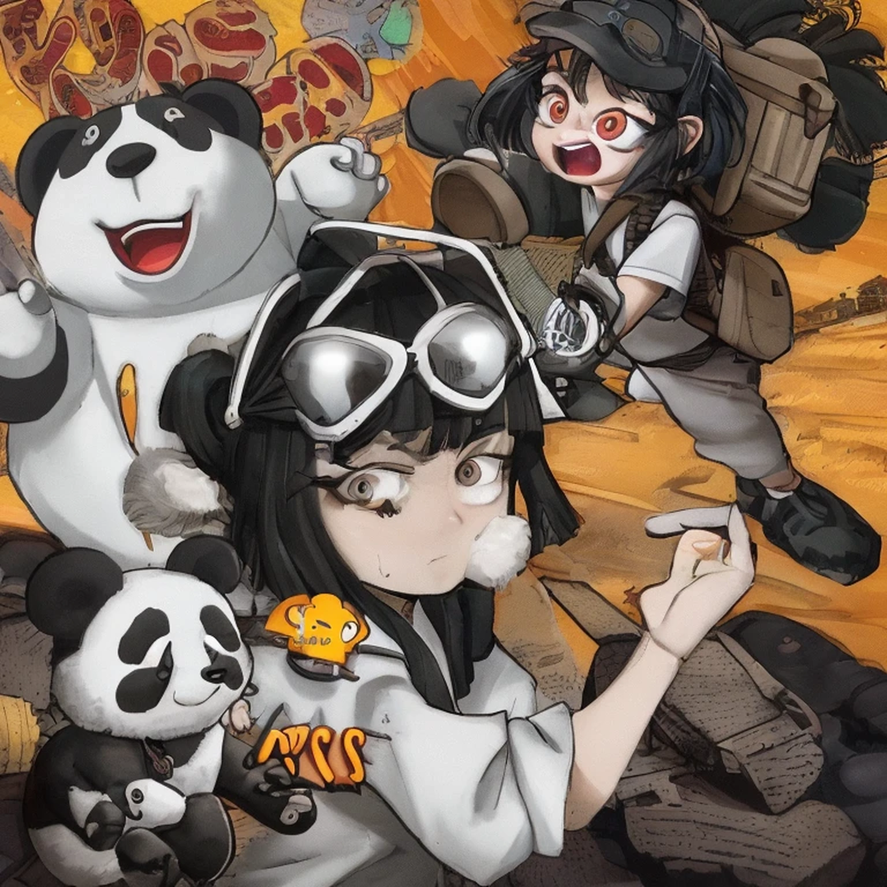 pixer style,I&#39;m with the panda and I&#39;Iはそれを持っています.,put on a serious expression,long eyelashes,carrying an emergency backpack,Wear a military helmet,The background is a ruined city,girl,short,The clothes are military uniforms,Black hair medium hair,