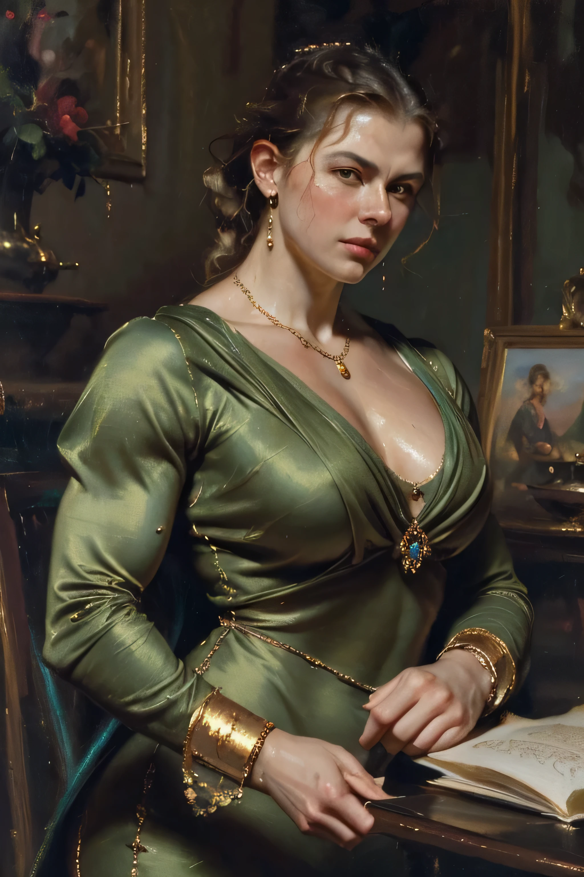 Oil painting style, 18th century Oil painting showing the portrait of a young (very muscular:1.75) edle Frau, die ihren Bizeps spannt, (Schmuck:1.4), (tight dress with long sleeves:1.4), (muscle girl), (sweatdrop:1.3), (Meisterwerk), best quality, ausdrucksstarke Augen, perfektes Gesicht, (Allein),artistic Oil painting stick,Oil painting