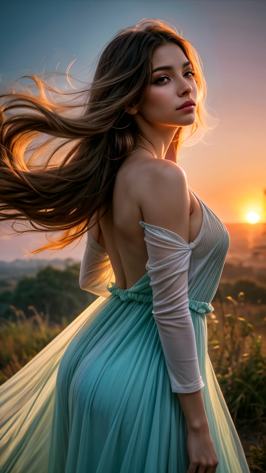 A surreal interpretation of a woman with flowing hair, merging with the colors of the sunset. Her form becomes hazy and ethereal, blending seamlessly with the vibrant hues of the sky. Butterflies flutter around her, adding to the whimsical atmosphere. Render in a painterly style with soft brushstrokes and muted colors, creating a sense of dreamlike beauty and mystery.