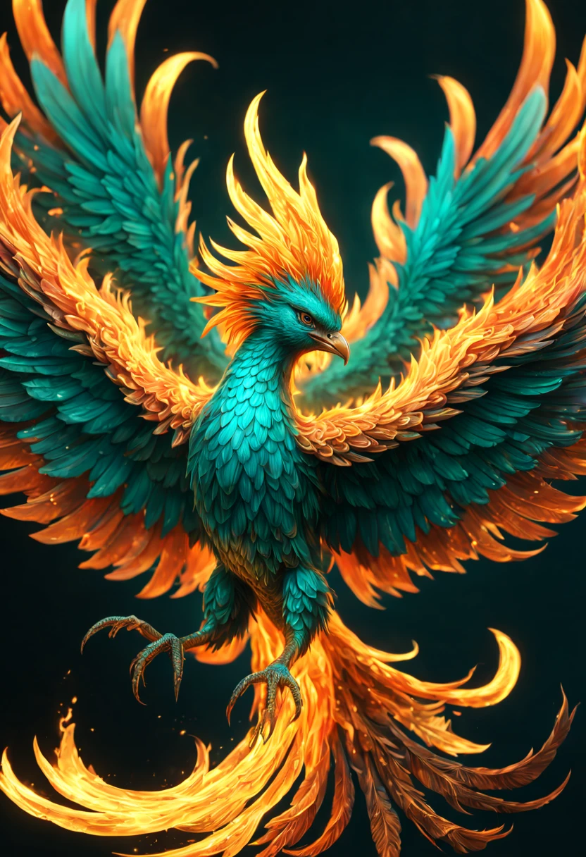 highly detailed phoenix bird, fire phoenix, orange and teal, fire, transparent fire, ethereal fantasy hyperdetailed trending on Artstation volumetric lighting 8k resolution concept art Unreal Engine by Greg Rutkowski hyperdetailed intricately detailed volumetric lighting, triadic colors, orange and teal