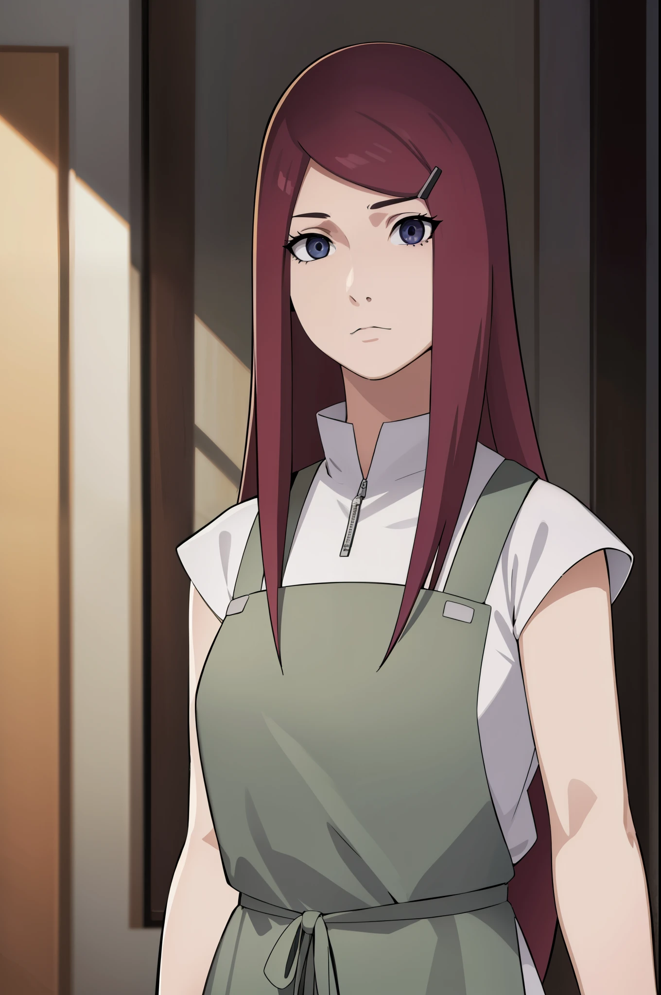 kushina, kushina, long hair, hair ornament, red hair, hairclip, (grey eyes:1.5),
BREAK shirt, dress, jewelry, white shirt, short sleeves, apron, bracelet, green apron, collar,
BREAK looking at viewer, upper body, full body, cowboy shot,
BREAK indoors,
BREAK (masterpiece:1.2), best quality, high resolution, unity 8k wallpaper, (illustration:0.8), (beautiful detailed eyes:1.6), extremely detailed face, perfect lighting, extremely detailed CG, (perfect hands, perfect anatomy),