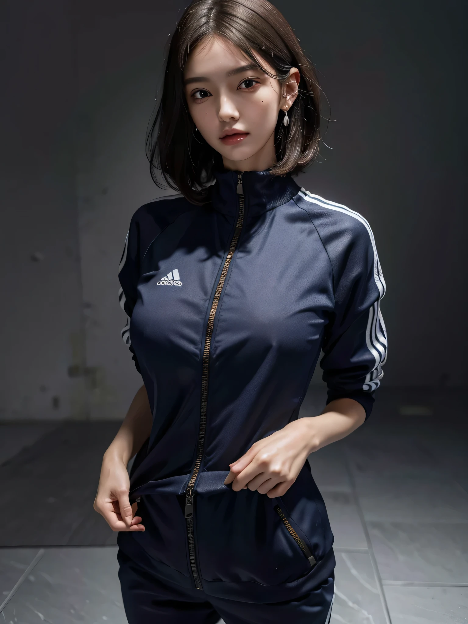 disorganized, RAW photo, very delicate and beautiful, masterpiece, highest quality, ultra high resolution, 16k, surreal, super detailed, perfect anatomy, super dense skin, perfect figure, Highly detailed CG 8k wallpaper, 20&#39;s, very slim body, (tight waist:1.1), very small head, very small face, delicate features, tearful mole, earrings, thin legs, (very huge round breasts:1.2), (full body shot:1.2), short hair, wavy hair, (tracksuit:1.2),