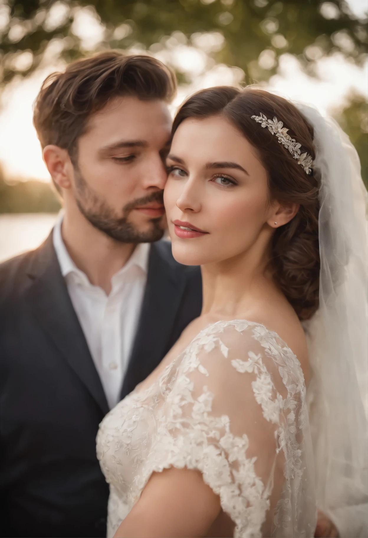 filmposter, promotional movie poster, Realistic photo of a couple in the wedding, soft lighting, professional Photography, Photorealistic, detailed, RAW, analog, sharp focus, 8k, HD, DSLR, high quality, Fujifilm XT3, film grain, award winning, masterpiece. full body