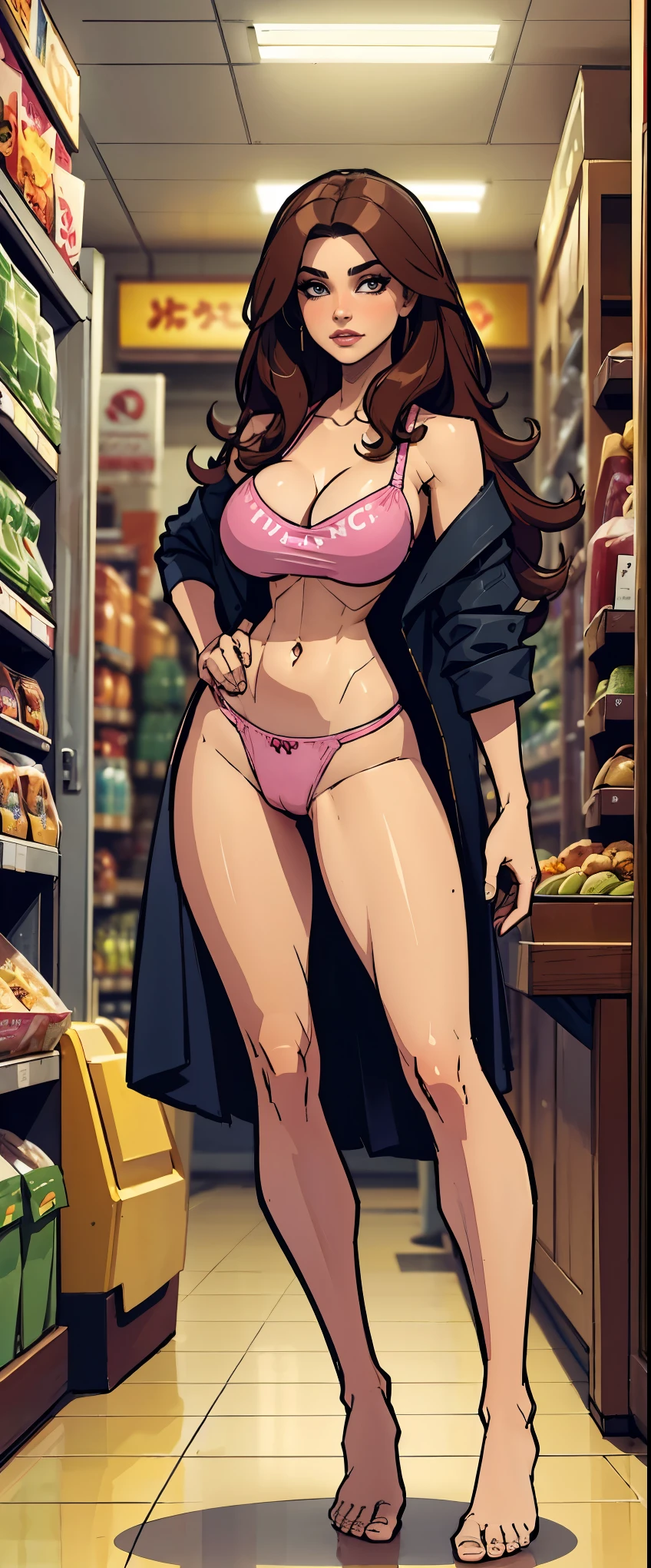 1 woman, wavy brown hair, conjunctivitis, sly face , beam , bare chest , Pink panties , abdomen, big , Long legs , stand on your hips... , Barefoot , Convenience store ·