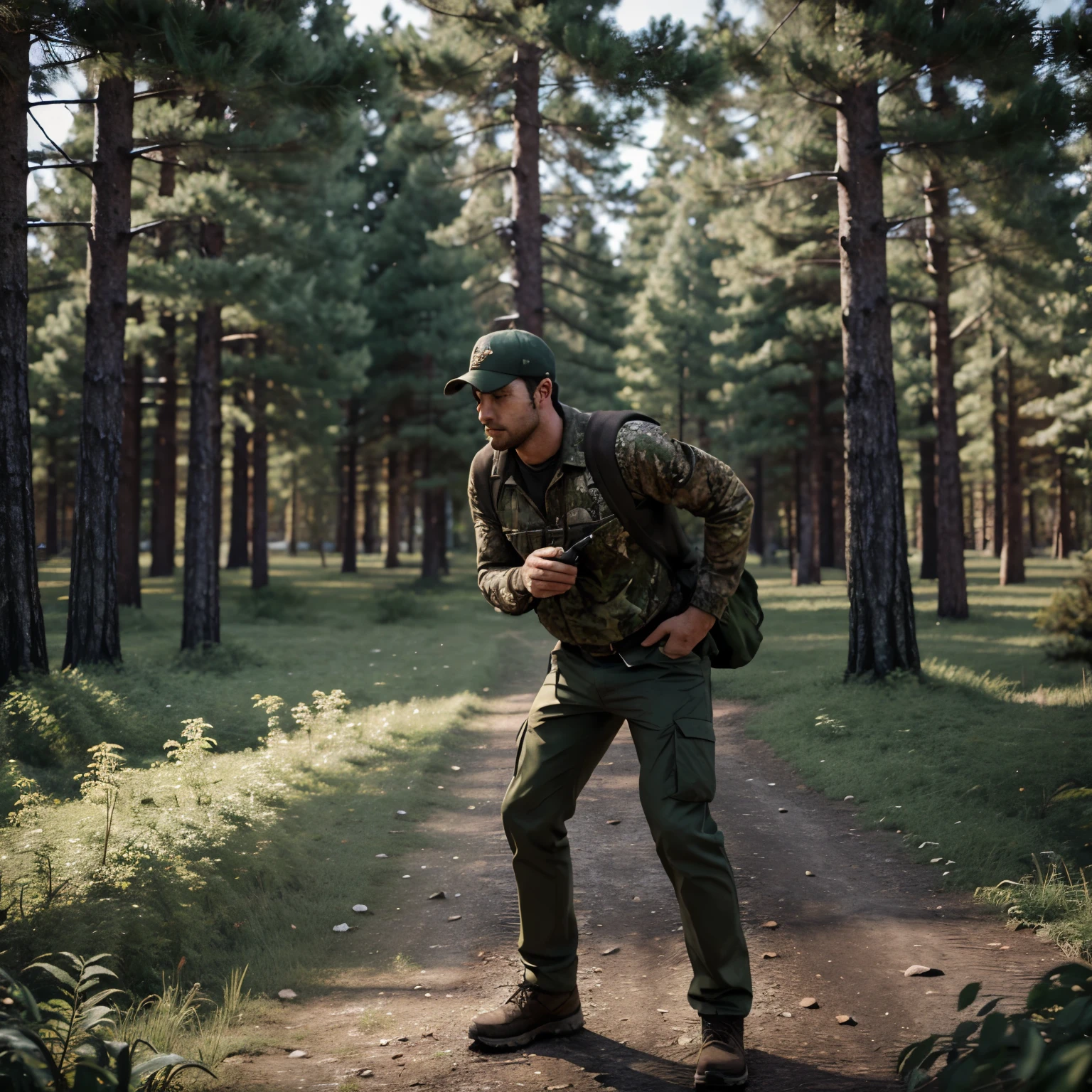 A man is hunting in a severe tap 3D realistic forest