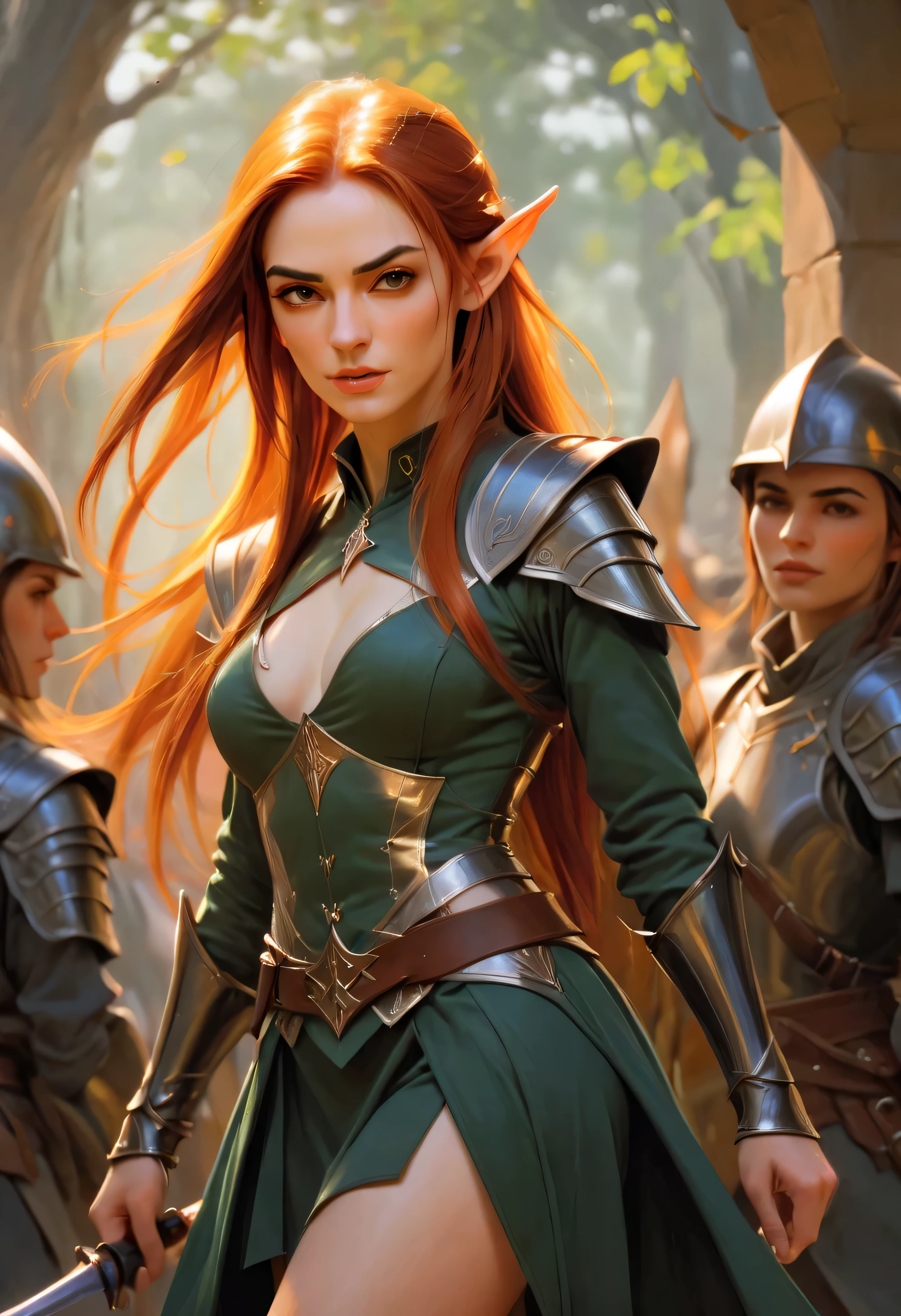 ((Majestic_uniform):1.2), ((Expressive_face:1.2), ((Pretty Elven Soldier):1.1), ((Hourglass_figure):1.1). ((Stand Ready):1.3), | Smooth lines, showing expressions and postures through contrast, Drawing of Auburn Elven Female soldier, fine art piece, hot topic, figurative art, fantasy painting.