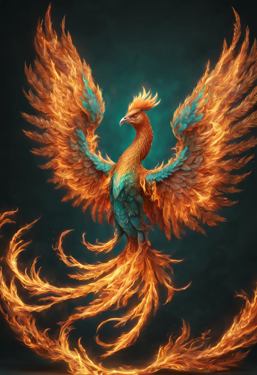 highly detailed phoenix bird, fire phoenix, orange and teal, fire, transparent fire, ethereal fantasy hyperdetailed trending on Artstation volumetric lighting 8k resolution concept art Unreal Engine by Greg Rutkowski hyperdetailed intricately detailed volumetric lighting, triadic colors, orange and teal