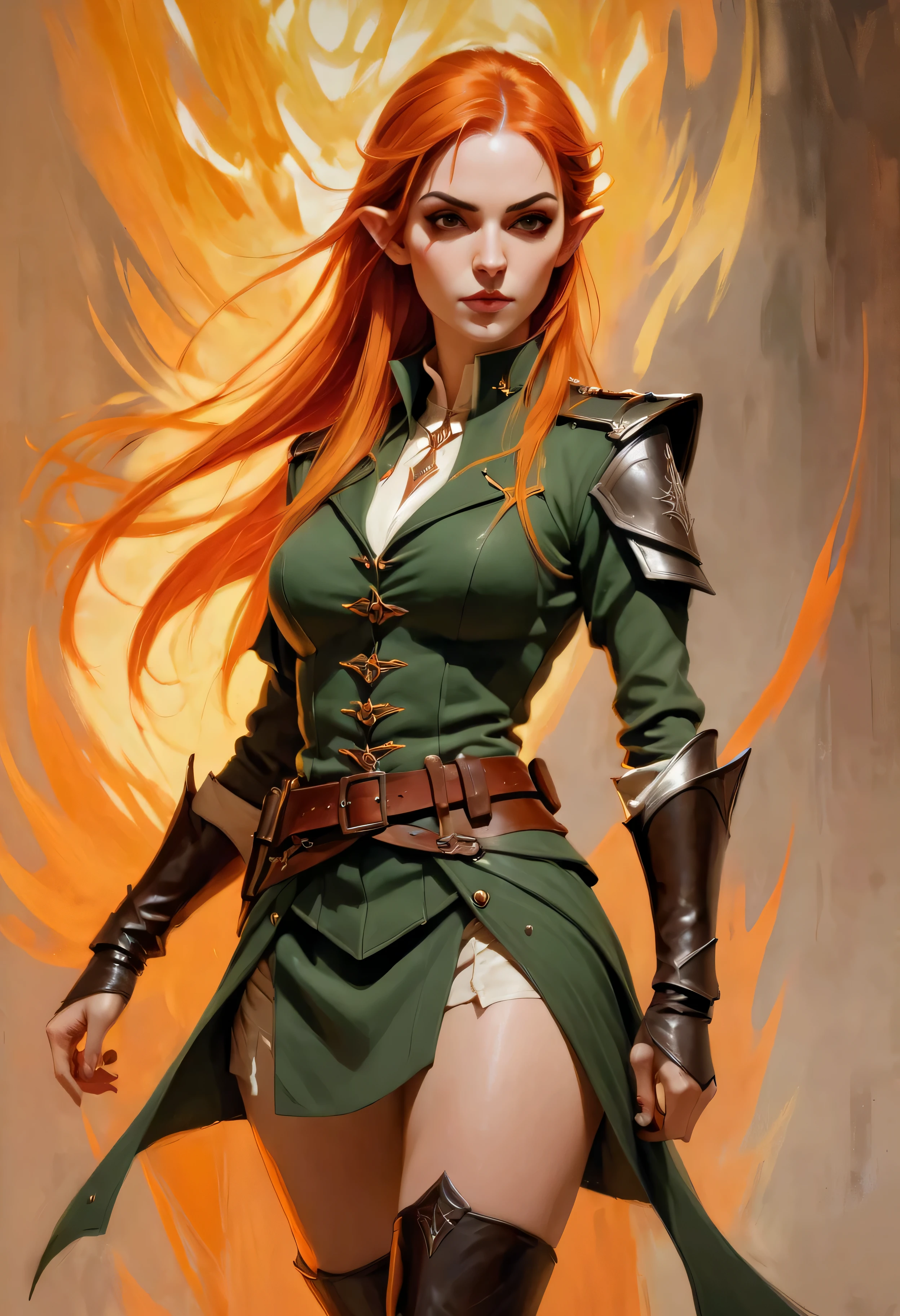 ((Majestic_uniform):1.2), ((Expressive_face:1.2), ((Pretty Elven Soldier):1.1), ((Hourglass_figure):1.1). ((Stand Ready):1.3), | Smooth lines, showing expressions and postures through contrast, Drawing of Auburn Elven Female soldier, fine art piece, hot topic, figurative art, fantasy painting.