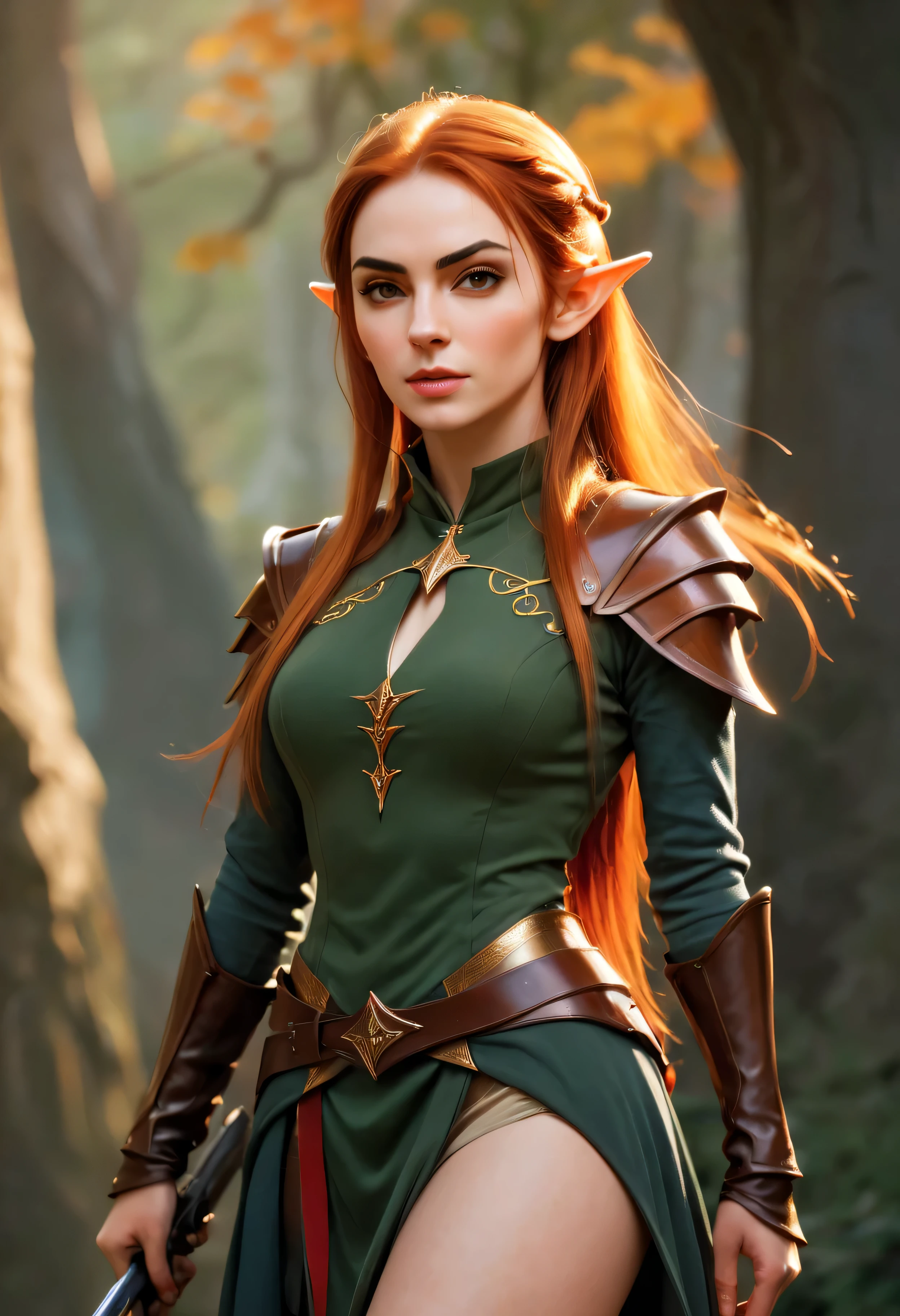 ((Majestic_uniform):1.2), ((Expressive_face:1.2), ((Pretty Elven Soldier):1.1), ((Hourglass_figure):1.1). ((Stand Ready):1.3), | Smooth lines, showing expressions and postures through contrast, Photograph of Auburn Elven Female soldier, fine photography, hot topic, figurative art, fantasy movie.