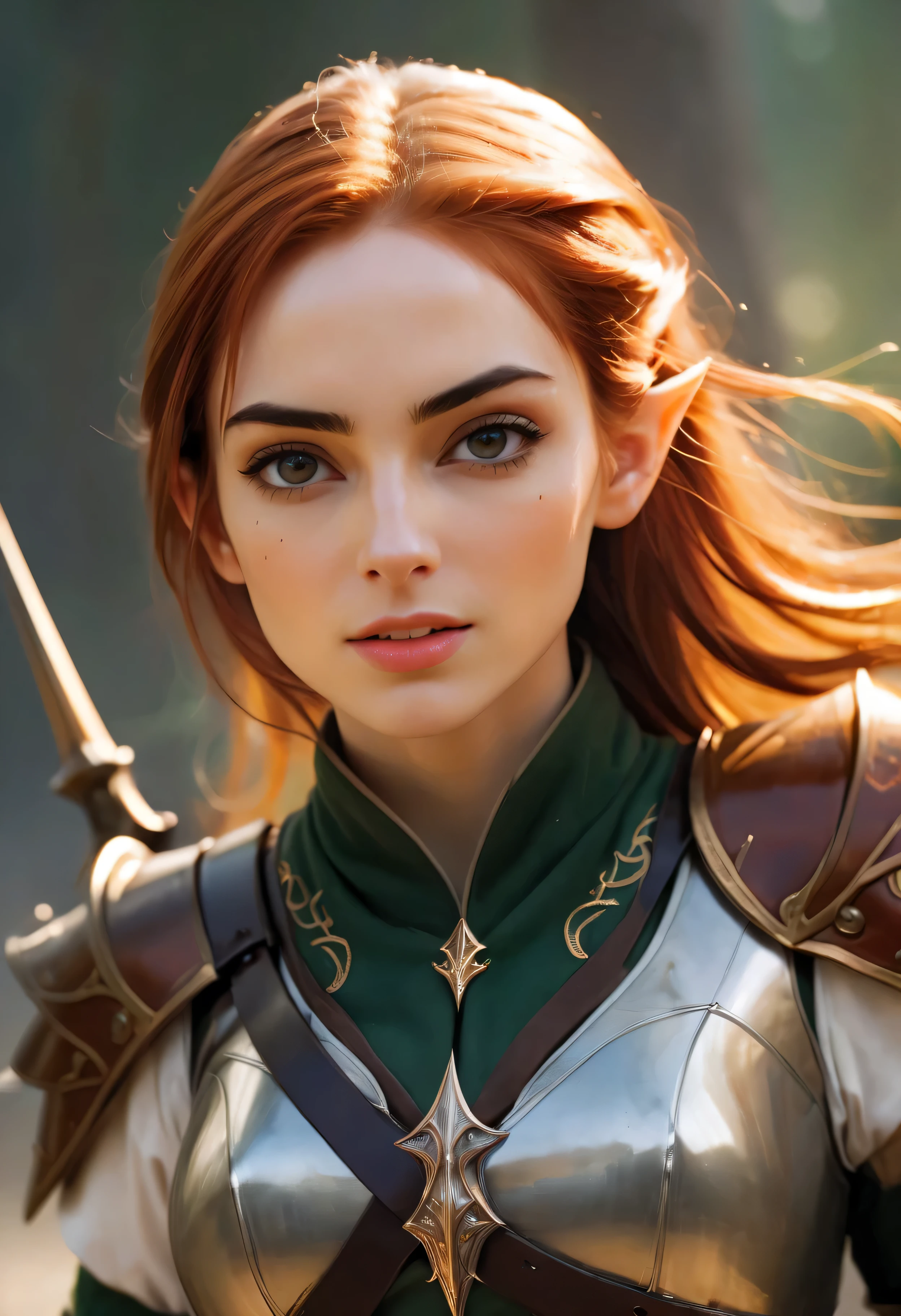 ((Majestic_uniform):1.2), ((Expressive_face:1.2), ((Pretty Elven Soldier):1.1), ((Hourglass_figure):1.1). ((Stand Ready):1.3), | Smooth lines, showing expressions and postures through contrast, Photograph of Auburn Elven Female soldier, fine photography, hot topic, figurative art, fantasy movie.