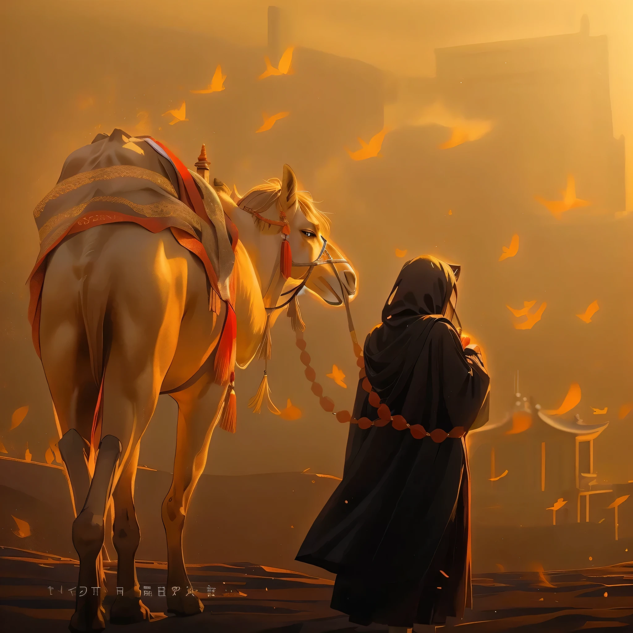 wearing black robe、骑着camel的和尚, during sandstorm, camel, early morning, Chinese Arts, 站在camel旁边, Ascetics standing guard, Traditional Photography - No Buildings, bird