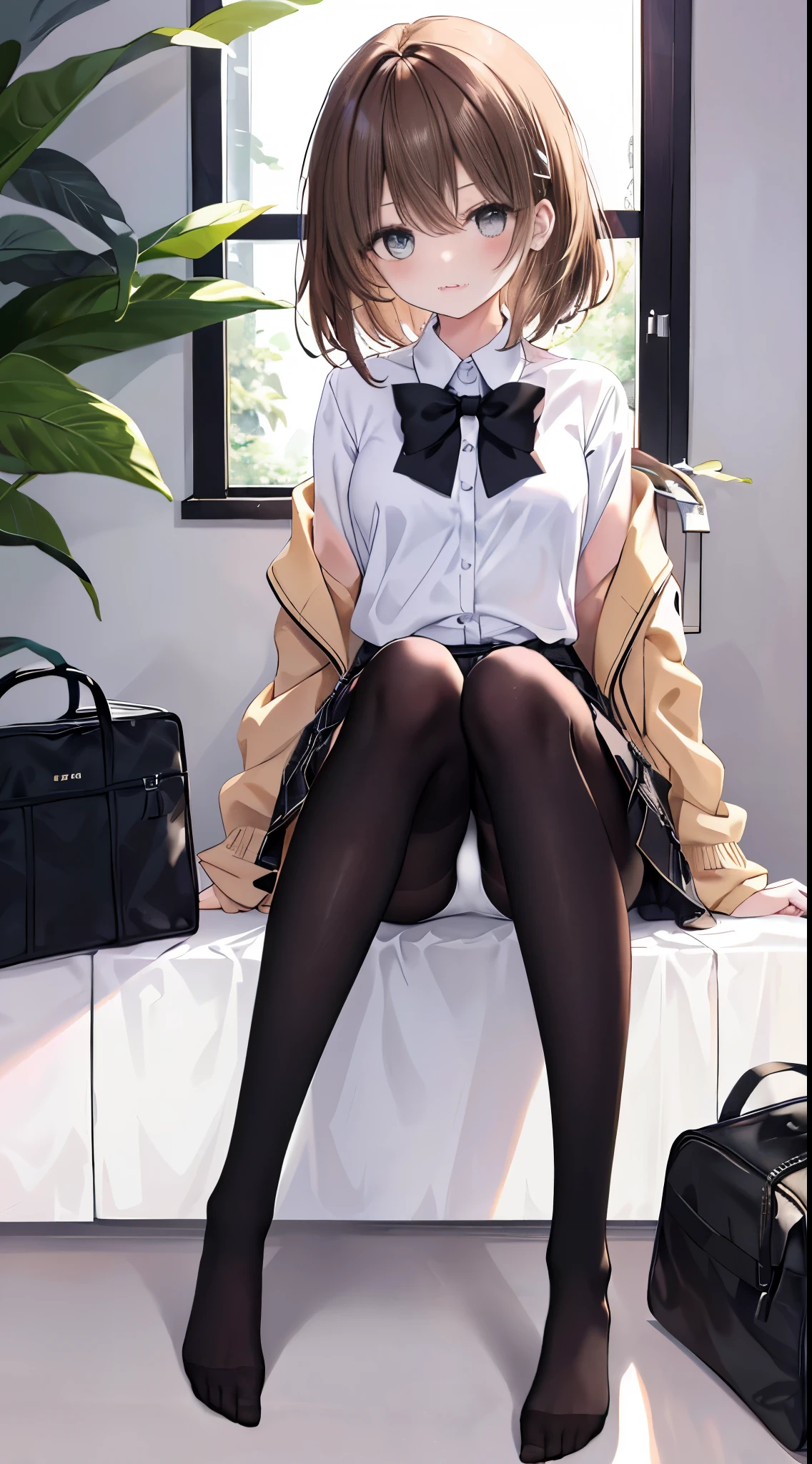 finest, masterpiece, High resolution, (Full body view from head to toe), front, frontやや下からの構図, Symmetrical, 18 year old tall girl, alone, (whole body from head to toe), (small breasts), Unkempt brown hair, bangs, (black tights), (black pantyhose), (sitting with legs spread apart), (squating pose), (composition showing white panties), (Her legs are spread open and her white panties are visible.), (made to sit on the floor with legs spread), (M-shaped legs), Slender legs, A very beautiful and tall 18 year old girl, (not wearing shoes), blush, shy big eyes, looking at camera, Blazer Uniform, Plaid pleated skirt
