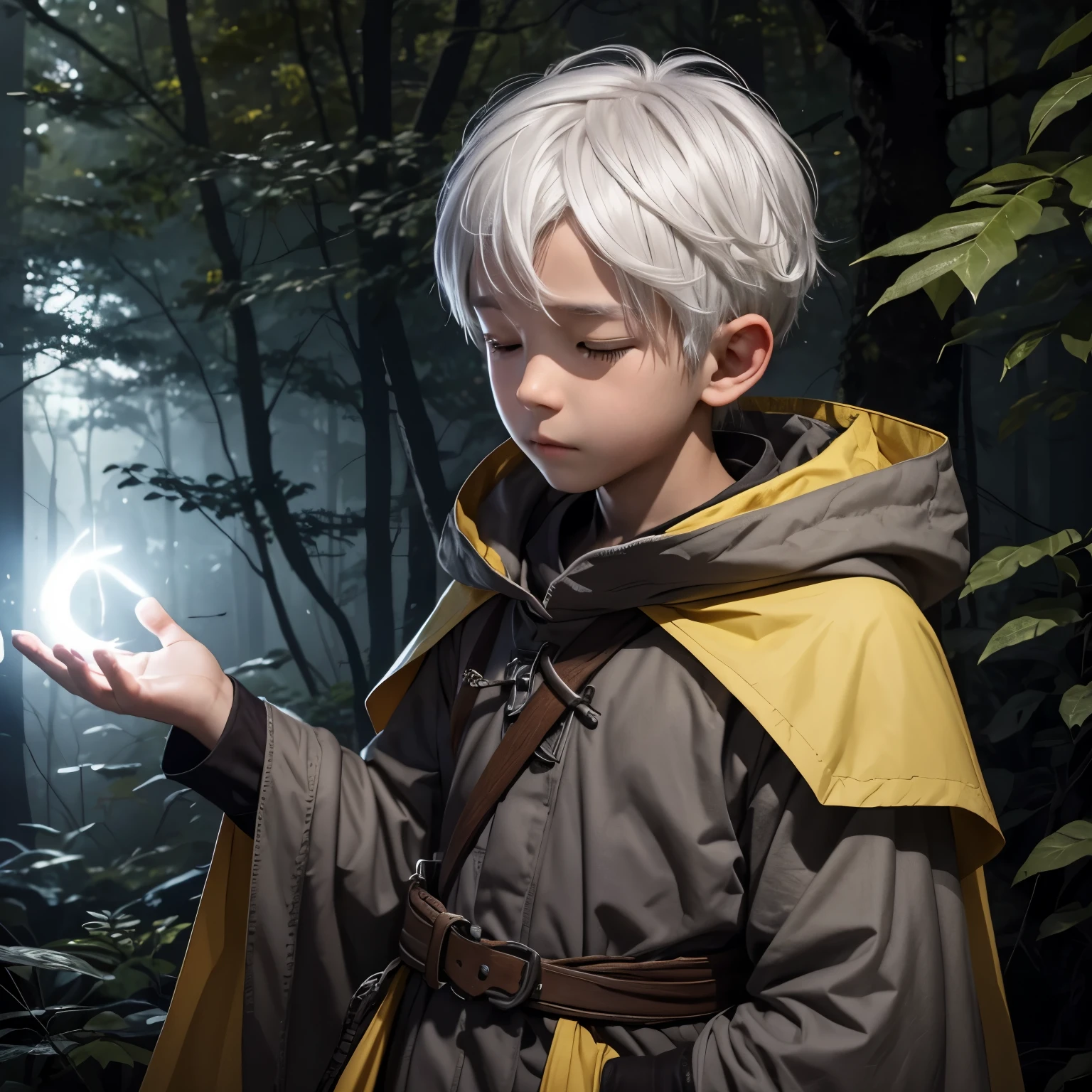 Best picture quality, role-playing game world, adorable five-year-old boy, ochre-colored mushroom-cut hairstyle, startlingly large shining eyes holding a magic wand and wearing a black scarf and gray robe-like clothing, long eyelashes, neat little boy, friendly and bright smile, brave, wizard and warrior as his companions,