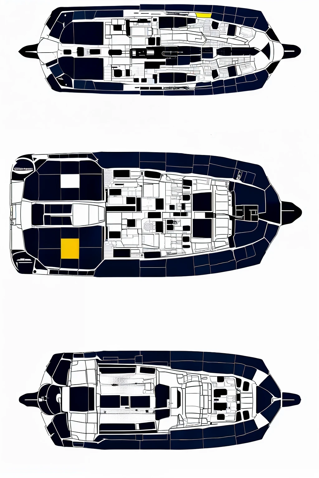 a drawing of a boat with a different layout and a different view, detailed spacecraft, spacecraft设计, Sectional view, Sectional view, spacecraft, layout, room of a spacecraft, blueprint schematics, floor plan, spacecraft的蓝图, 2D top view, segmented, spacecraft的蓝图, spacecraft, Detailed charts, 详细的spacecraft内部