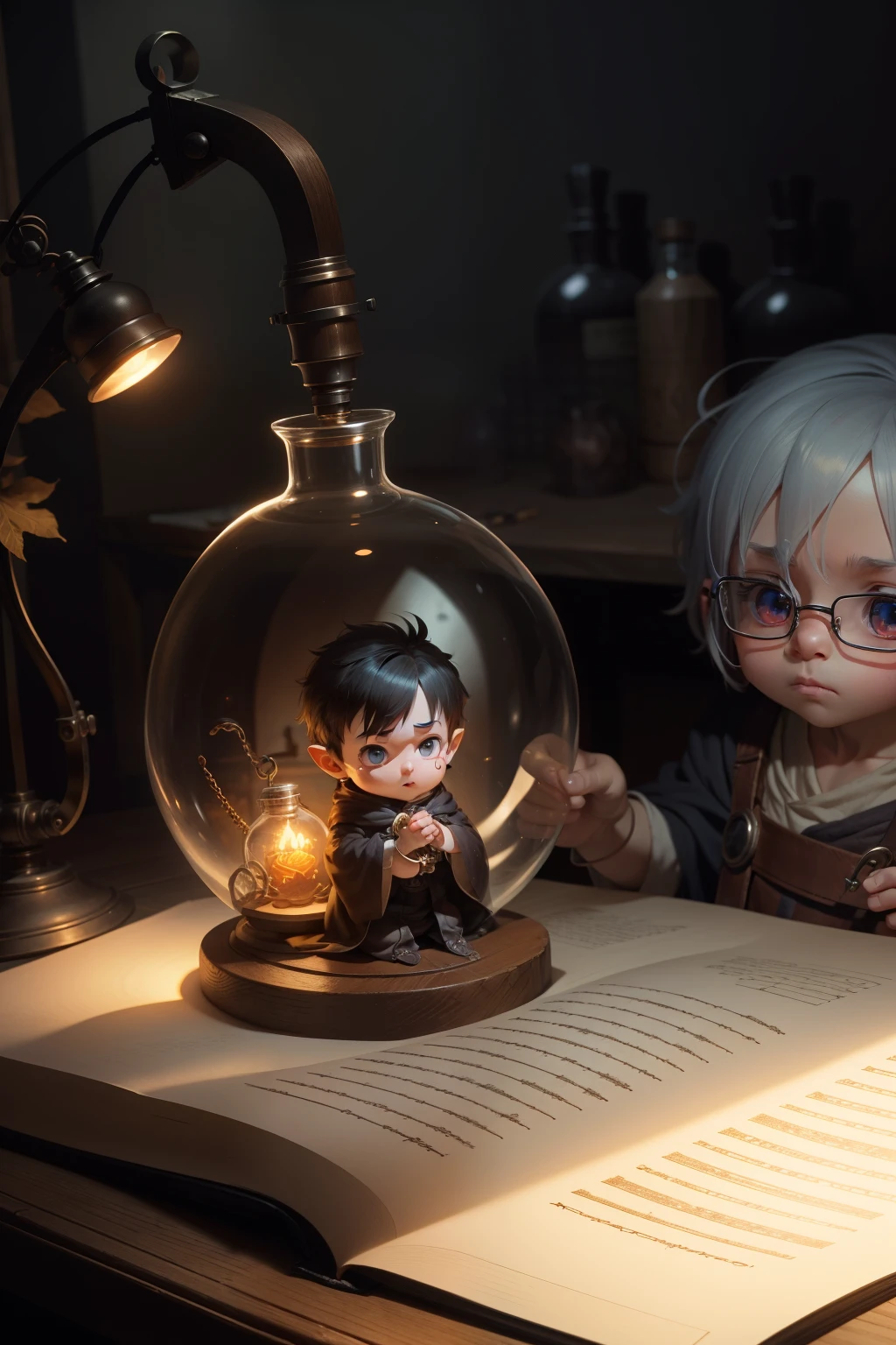 In the heart of a dimly lit laboratory, a homunculus, a miniature human-like being, resides in an intricately crafted glass flask. Its small form is illuminated by the warm glow of a nearby desk lamp, casting elongated shadows against the wooden table. With a keen interest in the world around it, the homunculus observes the intricacies of its container, its oversized eyes reflecting a deep curiosity. Clad in a tattered robe, it clutches a quill pen, poised to jot down notes in a leather-bound journal, eager to unravel the mysteries hidden within its creation. A seemingly ordinary accessory,