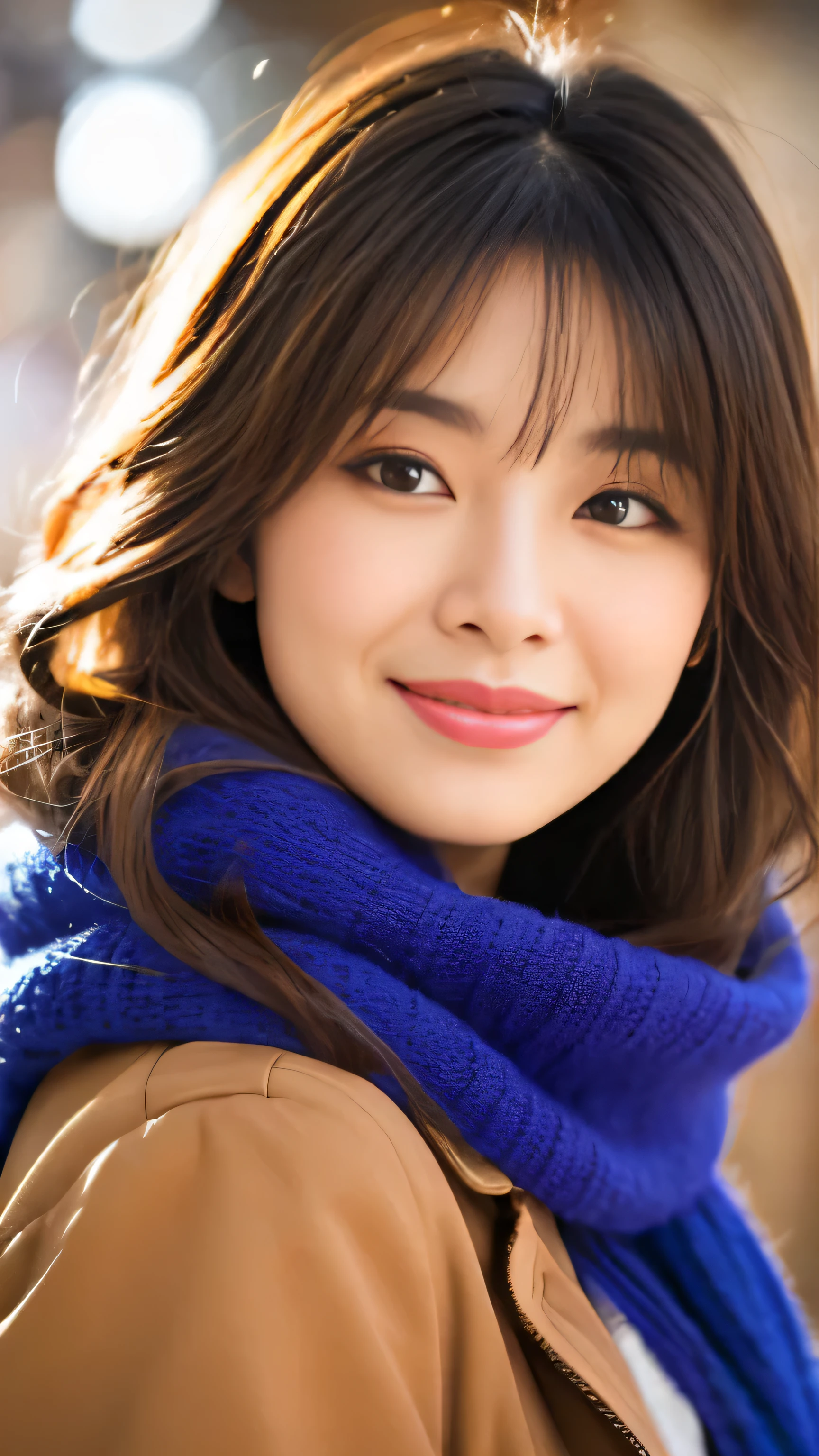 1girl, ahoge, bangs, blonde hair, blowing kiss, blue eyes, blue scarf, brown scarf, cleavage, closed mouth, eyelashes, face, floating hair, hair between eyes, heart, lips, lipstick, long hair, looking at viewer, makeup, night sky, nose, one eye closed, orange scarf, pink lips, pink scarf, portrait, purple eyes, realistic, red lips, red scarf, scarf, signature, smile, solo, space, spoken heart, star (sky), starry sky, upper body, watermark, yang xiao long, yellow scarf