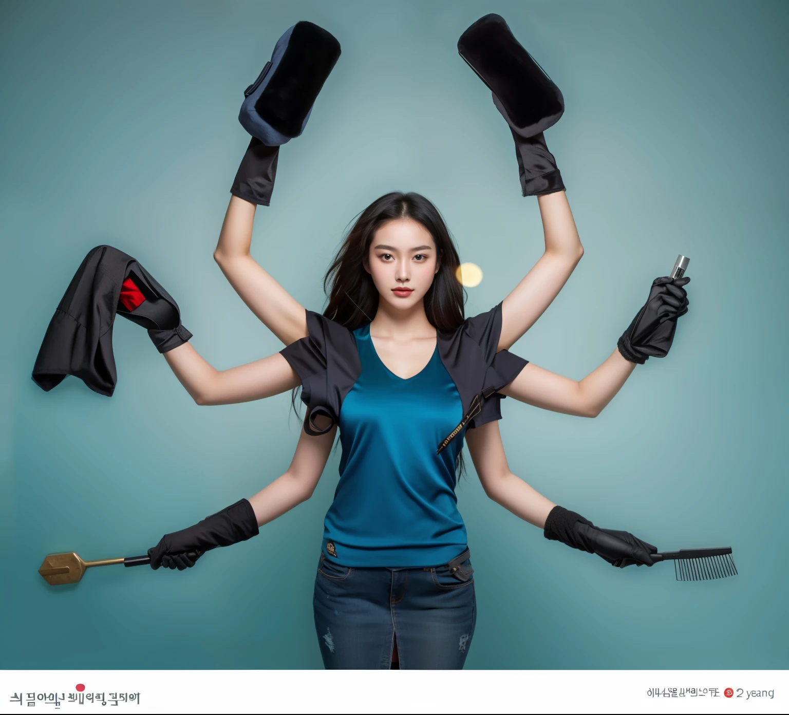 2heads, Additional weapons, A woman posing for a photo, blue dress, curvy arms, long hair, black hair, have, incredibly beautiful, strong posture, very beautiful, arms aside, 6 arms and 2 legs!, curvy arms, multiple arms, Armpit and shoulder fusion, normal hand, slender figure, same face, 21 years old, Upper body shot, Korean