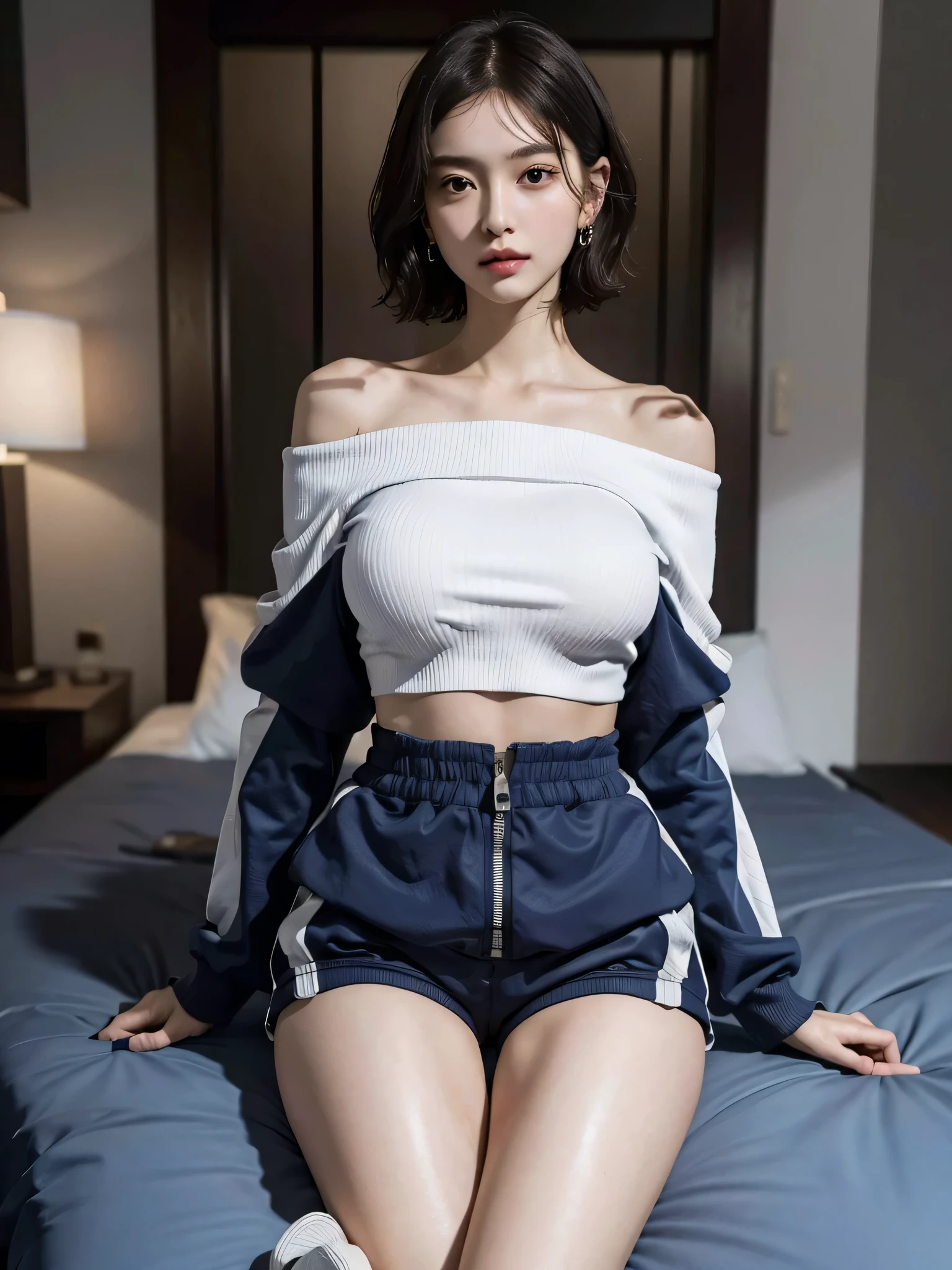 disorganized, RAW photo, very delicate and beautiful, masterpiece, highest quality, ultra high resolution, 16k, surreal, super detailed, perfect anatomy, super dense skin, perfect figure, Highly detailed CG 8k wallpaper, 20's, very slim body, (tight waist:1.1), very small head, very small face, delicate features, tearful mole, earrings, thin legs, (very huge round breasts:1.3), (full body shot:1.3), short hair, wavy hair, (tracksuit:1.3), abdomen, (shorts:1.1), (off shoulder:1.1),