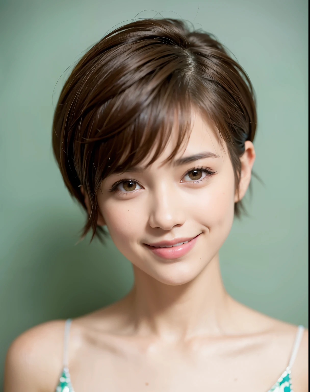 Pixie cut, very, very short hair, uneven tips, smile, brown hair

