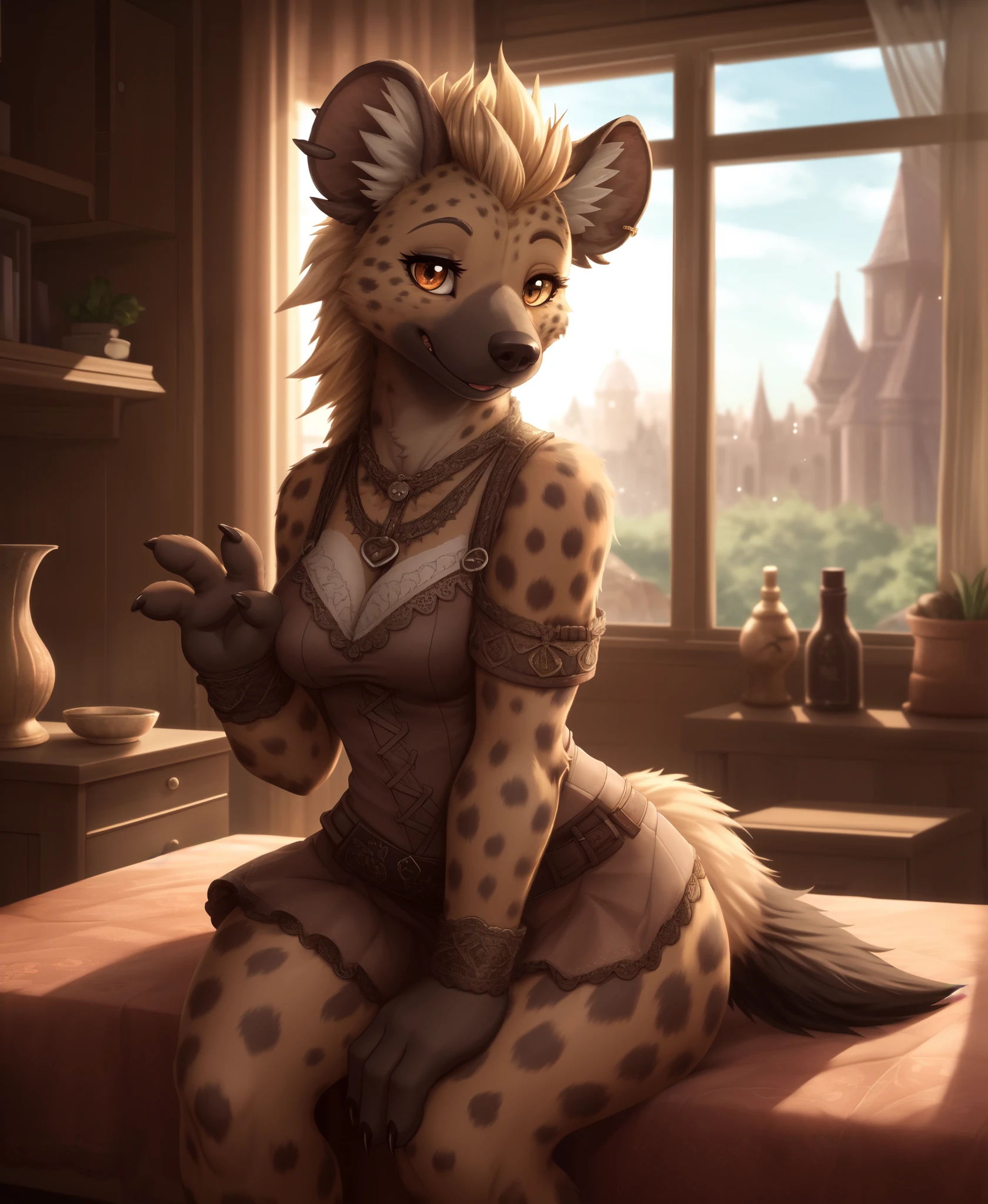 UHD 8k, HDR+, cute female hyena, intricately detailed, 4 fingers, detailed background