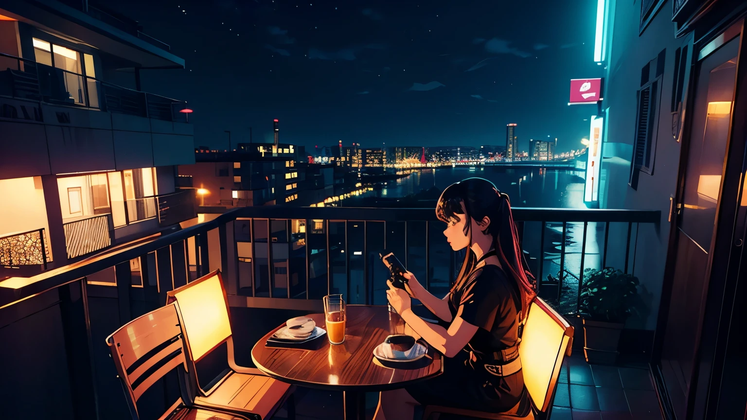 Retro,, artistic, excellent detail, super high quality, fine details, highlights, neon lights, 8K, masterpiece, urban night, neon lights, anime style, retro, balcony, chair, coffee and computer on the table, sea in the distance, road in front of the balcony, trees growing on the road, evening scenery, the sun is beautiful and nostalgic, close-up shooting, sitting and watching