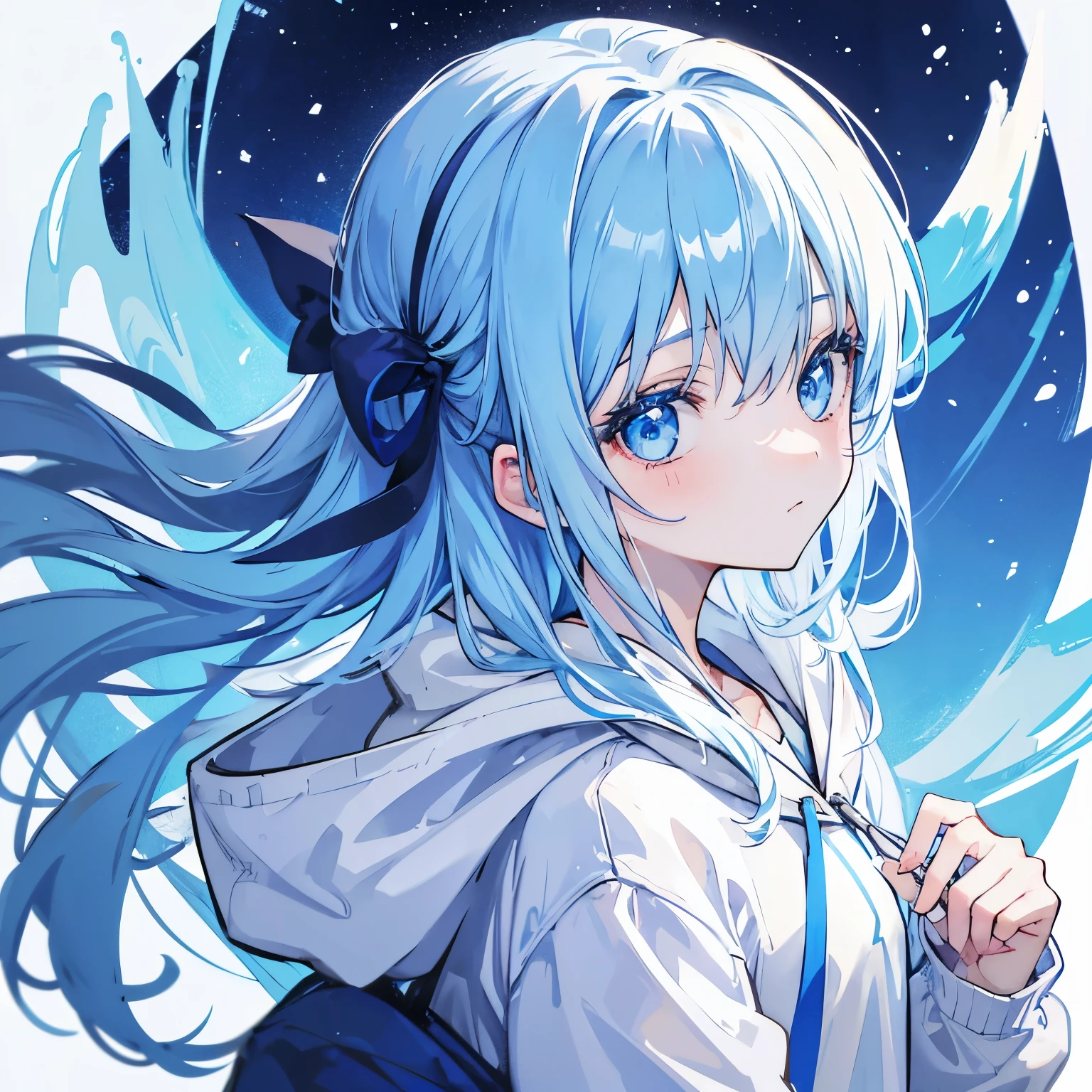 1girl,light blue hair,blue eyes,hair ribbon,blue and white hoodie,winter,looking at viewer,profile picture, Eye-Level Shot