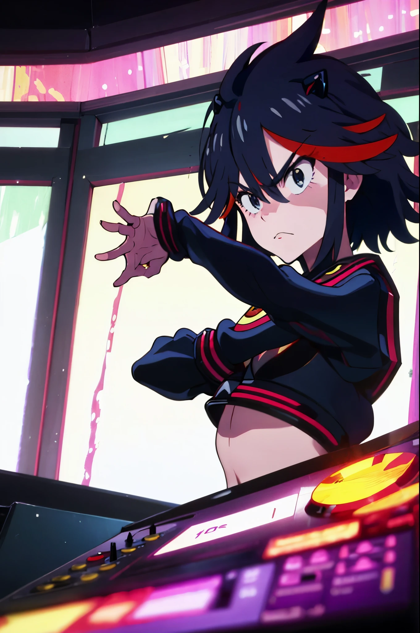 1 solo ryuuko matoi  incrsdealwithit sunglasses serious expression deadpan wild hairstyle 
as she djs djing on teh DJ decks viynl spinnders needle