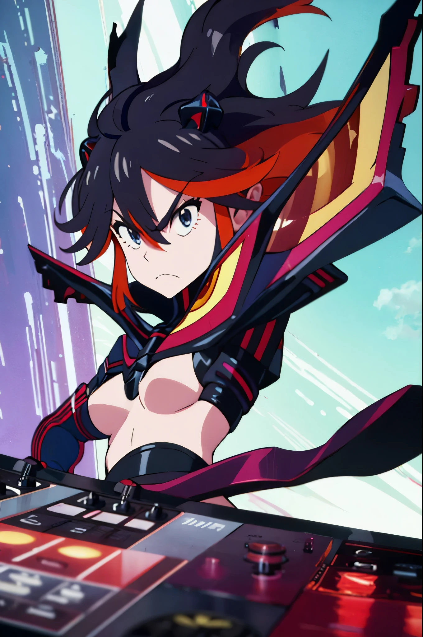 1 solo ryuuko matoi incrsdealwithit sunglasses serious expression deadpan wild hairstyle
as she djs djing on teh DJ decks viynl spinnders needle