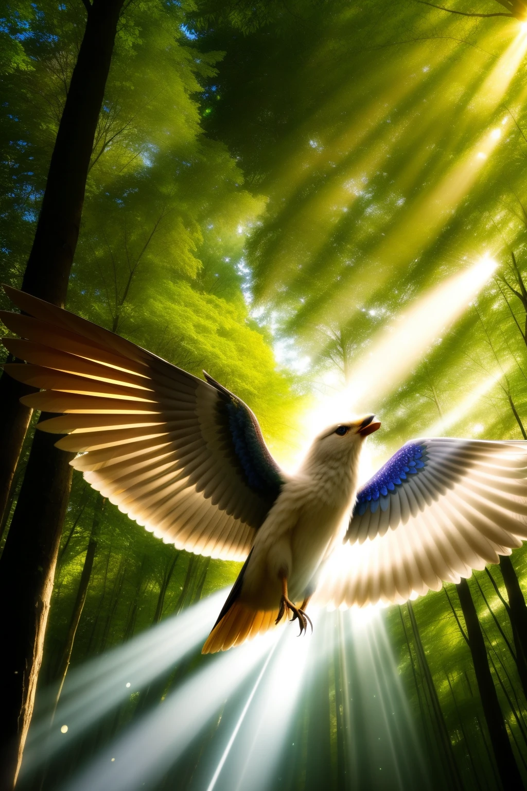 Magical Creatures: A mesmerizing scene of enchanted beings, vibrant in color and full of life, populating a mystical forest. Sharp focus captures every detail of their fantastical features, from the depth of their best quality, glistening eyes, to the intricately detailed scales, feathers, and fur. Cinematic lighting bathes the magical creatures in a golden glow, highlighting their shiny hides, while the sunlight breaks through the canopy to cast light rays, illuminating the angry expressions of some and the gentle smiles of others. An action shot freezes time, capturing a magical creature in mid-flight, its wings spread wide, as if to carry