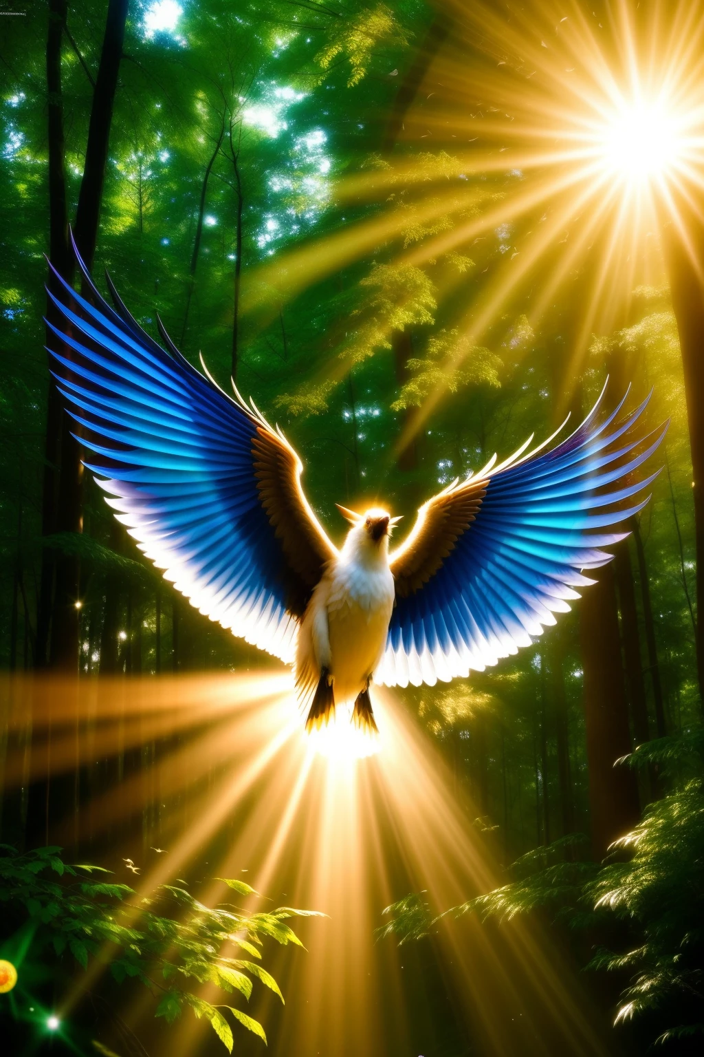 Magical Creatures: A mesmerizing scene of enchanted beings, vibrant in color and full of life, populating a mystical forest. Sharp focus captures every detail of their fantastical features, from the depth of their best quality, glistening eyes, to the intricately detailed scales, feathers, and fur. Cinematic lighting bathes the magical creatures in a golden glow, highlighting their shiny hides, while the sunlight breaks through the canopy to cast light rays, illuminating the angry expressions of some and the gentle smiles of others. An action shot freezes time, capturing a magical creature in mid-flight, its wings spread wide, as if to carry
