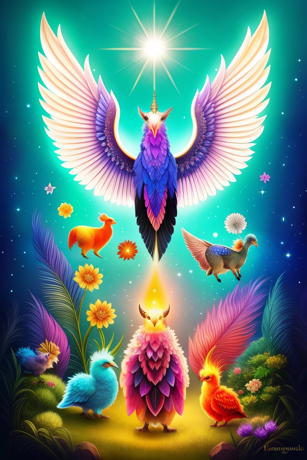 Magical Creatures:
A landscape filled with enchanting beings,
Their vibrant colors and intricate details,
Sharp focus catching every delicate feature,
Best quality illuminated under cinematic lighting,
Depth of field allowing each creature to stand out,
Numinous auras casting light rays around them,
Sunlight filtering through, giving warmth to their forms,
Some with sparkling eyes, others with scales that shimmer,
Wings sprouting from their backs, feathers glistening,
Beasts with armored hides and fiery breaths,
Fantastical creatures from realms unknown,
Detailed illustrations of a magical world,
Dig