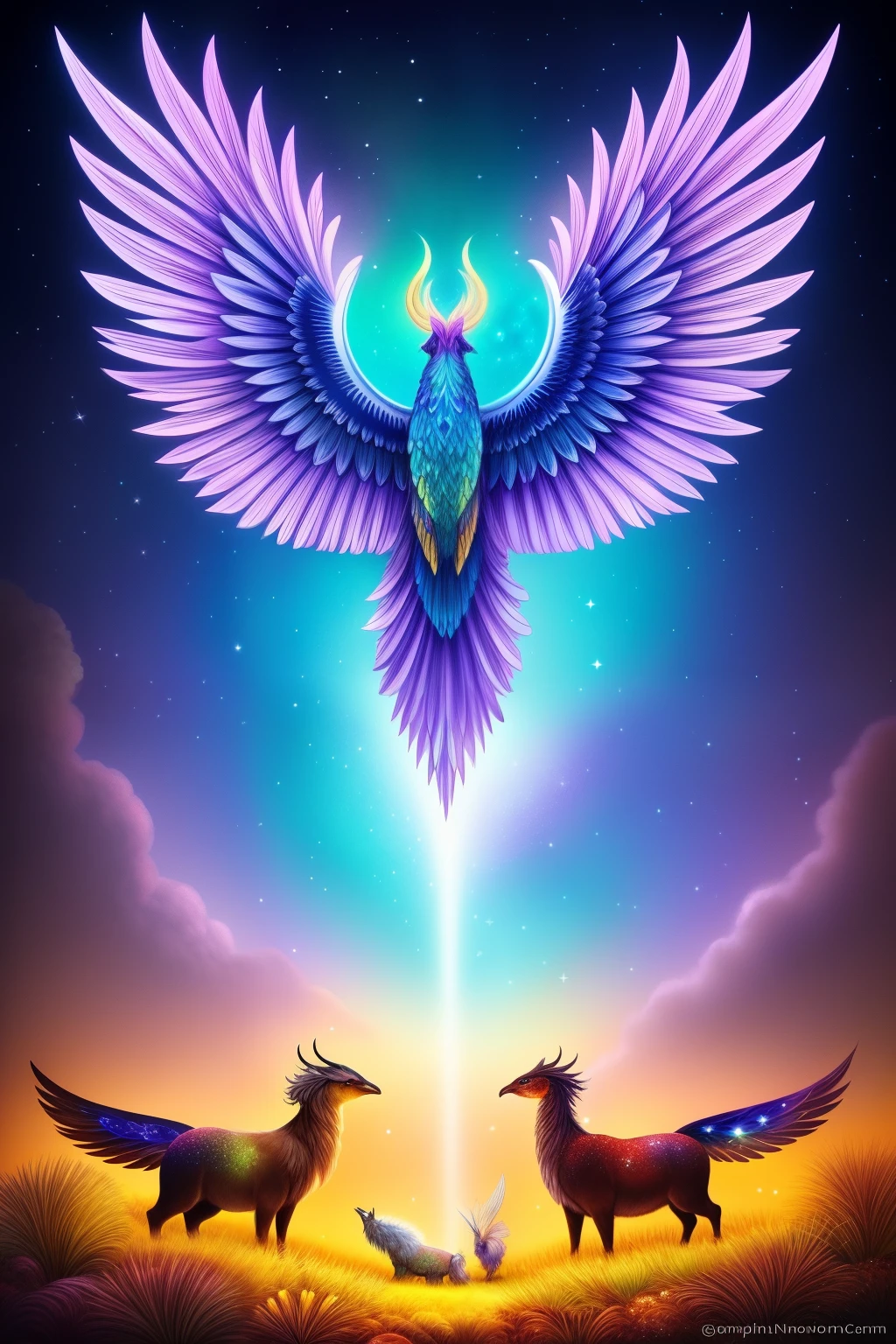 Magical Creatures:
A landscape filled with enchanting beings,
Their vibrant colors and intricate details,
Sharp focus catching every delicate feature,
Best quality illuminated under cinematic lighting,
Depth of field allowing each creature to stand out,
Numinous auras casting light rays around them,
Sunlight filtering through, giving warmth to their forms,
Some with sparkling eyes, others with scales that shimmer,
Wings sprouting from their backs, feathers glistening,
Beasts with armored hides and fiery breaths,
Fantastical creatures from realms unknown,
Detailed illustrations of a magical world,
Dig