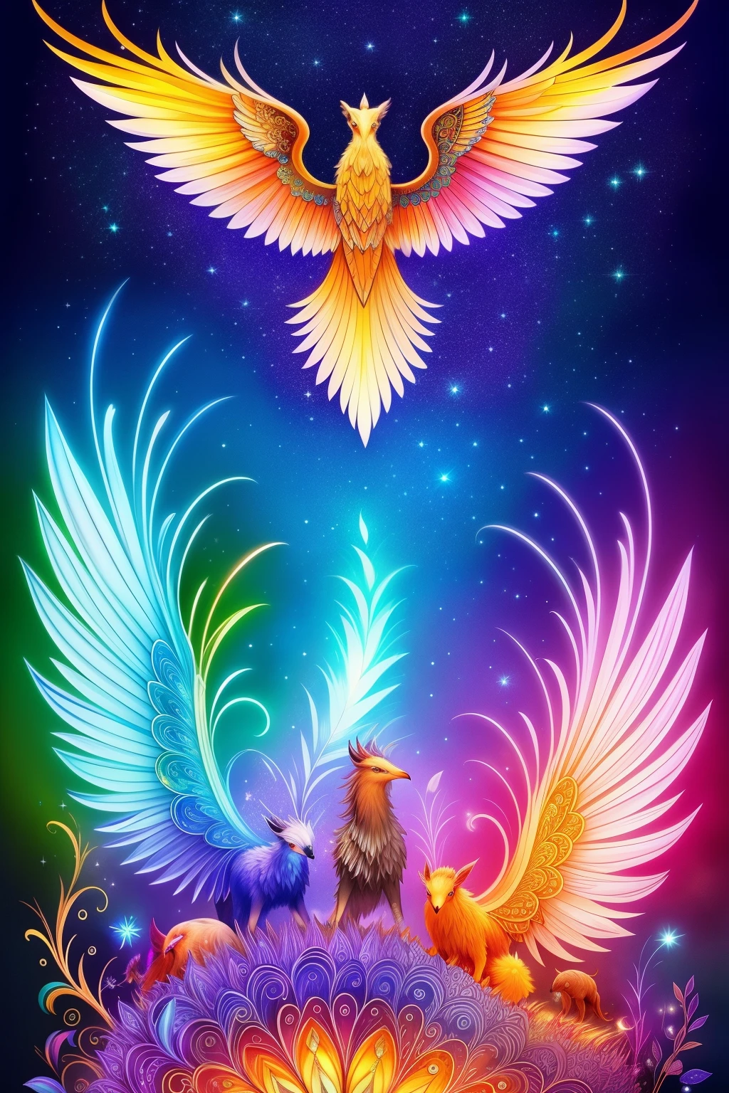 Magical Creatures:
A landscape filled with enchanting beings,
Their vibrant colors and intricate details,
Sharp focus catching every delicate feature,
Best quality illuminated under cinematic lighting,
Depth of field allowing each creature to stand out,
Numinous auras casting light rays around them,
Sunlight filtering through, giving warmth to their forms,
Some with sparkling eyes, others with scales that shimmer,
Wings sprouting from their backs, feathers glistening,
Beasts with armored hides and fiery breaths,
Fantastical creatures from realms unknown,
Detailed illustrations of a magical world,
Dig