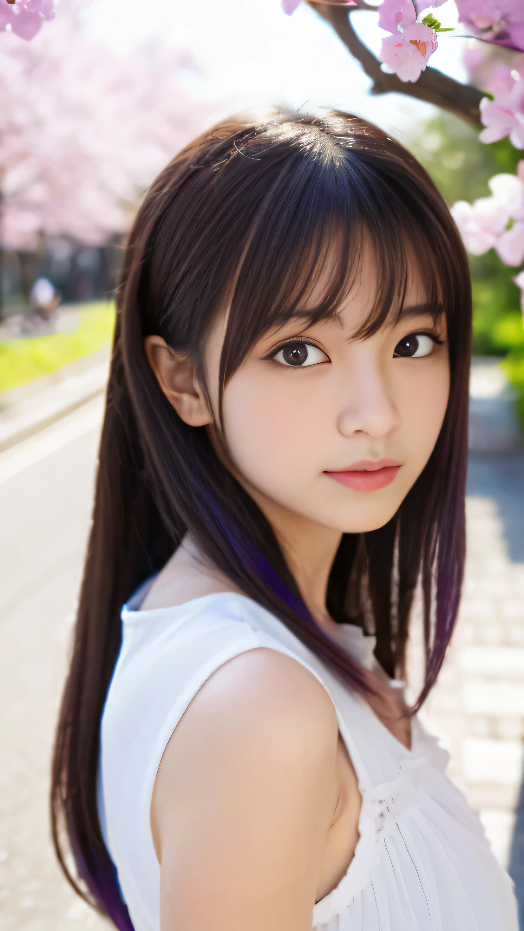 beautiful japanese girl 17 years old (whole body:1.5) Black Lolita Dress(Shiny purple hair:1.5) Super Long Straight Silk Hair asymmetrical bangs profile big magic eyes high resolution black eyes shiny soft skin pale pink lip bright makeup thin eyebrows clear eyes sharp eye shine off shoulder mini skirt Detailed and perfect clavicle high resolution soft breasts Morning steppe lying on the grass sunlight clear focus professional lighting professional photographer