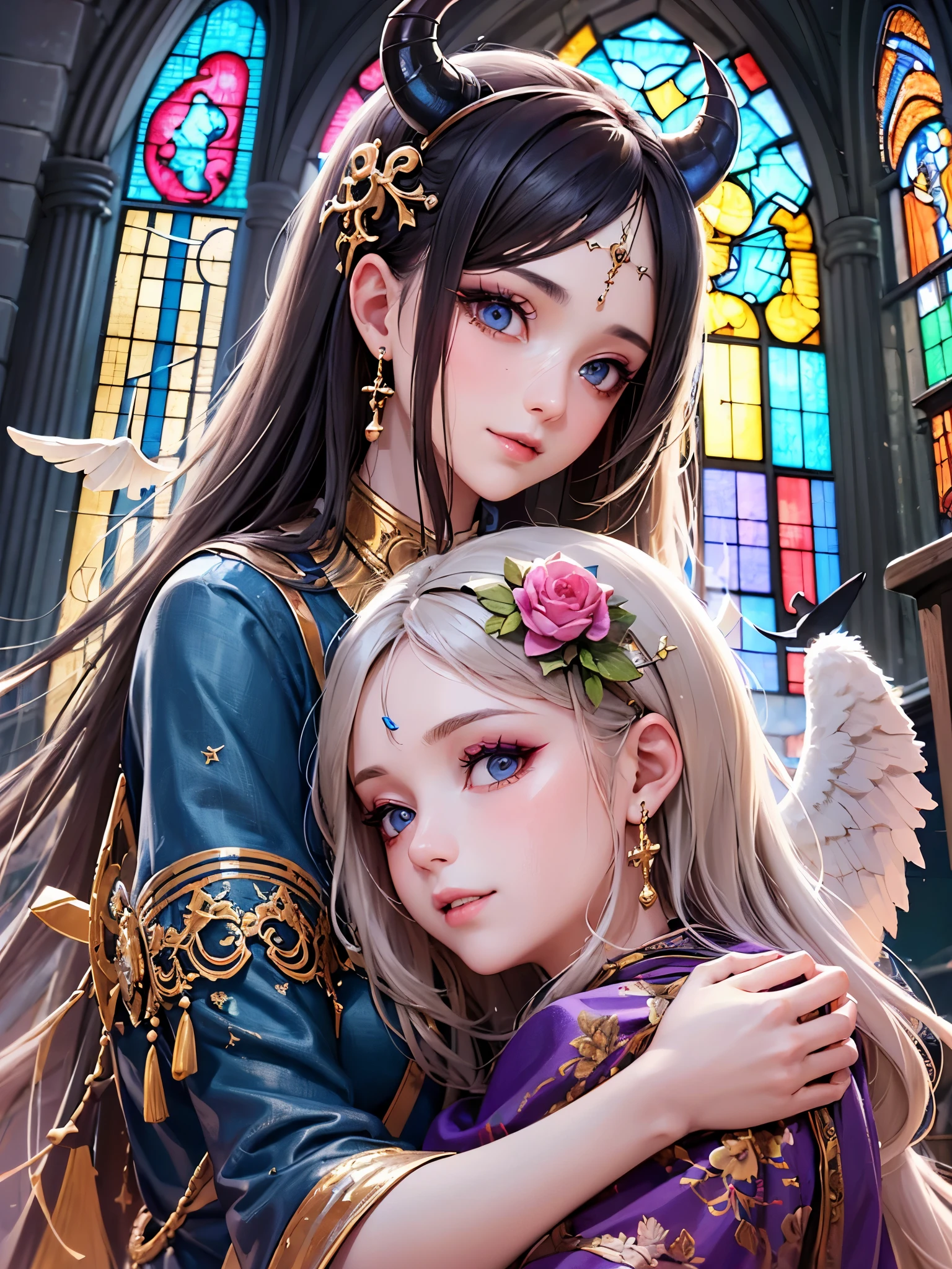 ((highest quality)),(ultra high resolution),(Super detailed),(detailed description),((best CG)),(best work of art),super precision art,great drawing art,(Fantasy art with precise details:1.5), (1 Female Angel:1.6),(one female demon:1.6),(beautiful and well-shaped face:1.5),(makeup:1.5),(smile:1.4),(hugging each other:1.6),(Meticulously detailed clothing:1.7), (ruined church:1.7),Broken stained glass:1.3,broken cross:1.4