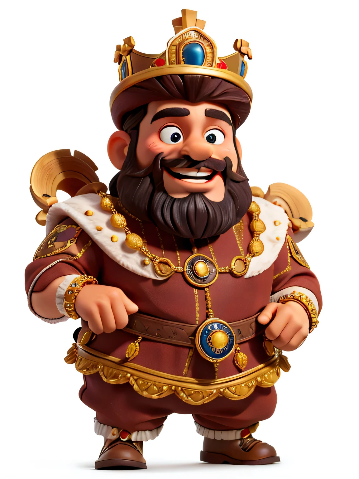 masterpiece, best quality,a man who is a king with bearded，with a big smile on its face，Caesar Andrade Faini,White background,rich king,big eyes,excited,crown,trinkets,Very rich,gorgeous clothes,dwarf