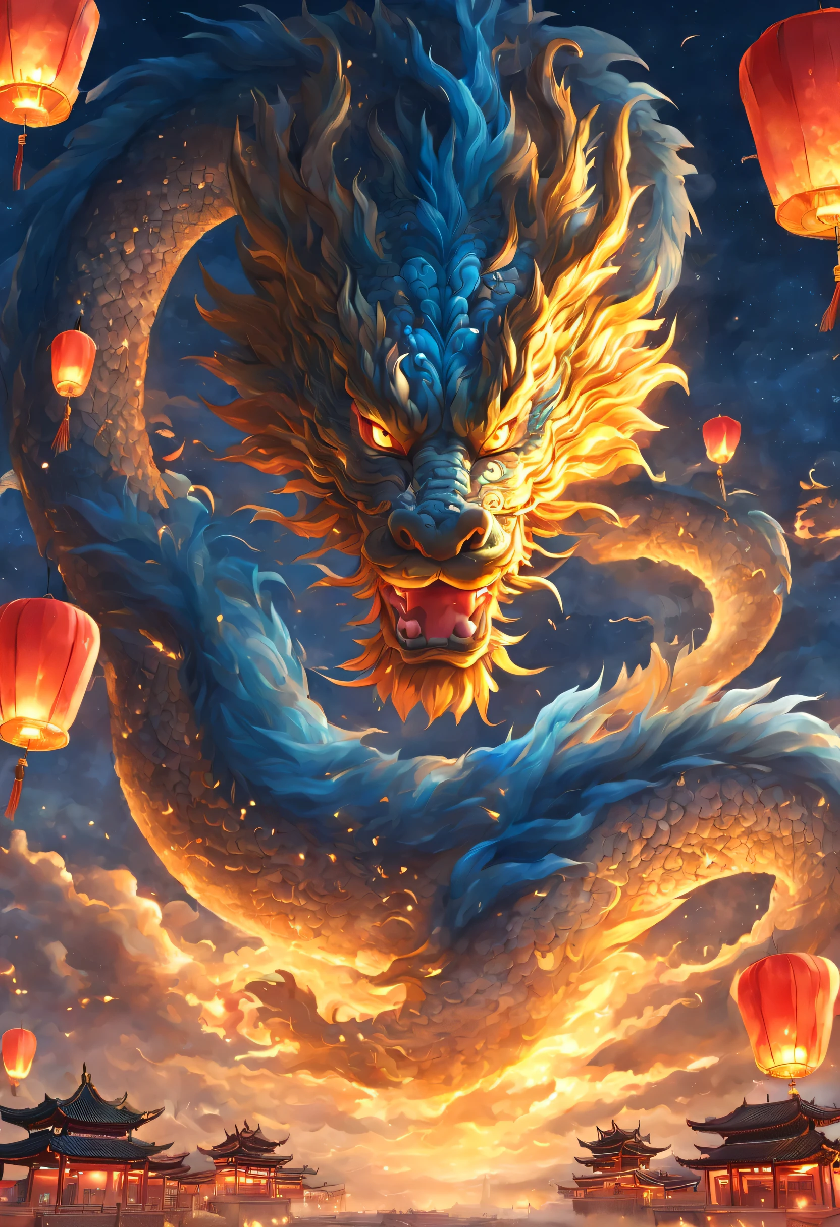 A majestic Chinese dragon soars in the night sky，Smiling emoticon，night background，Kongming Lantern，intricate details.(best quality, high resolution, masterpiece:1.2)