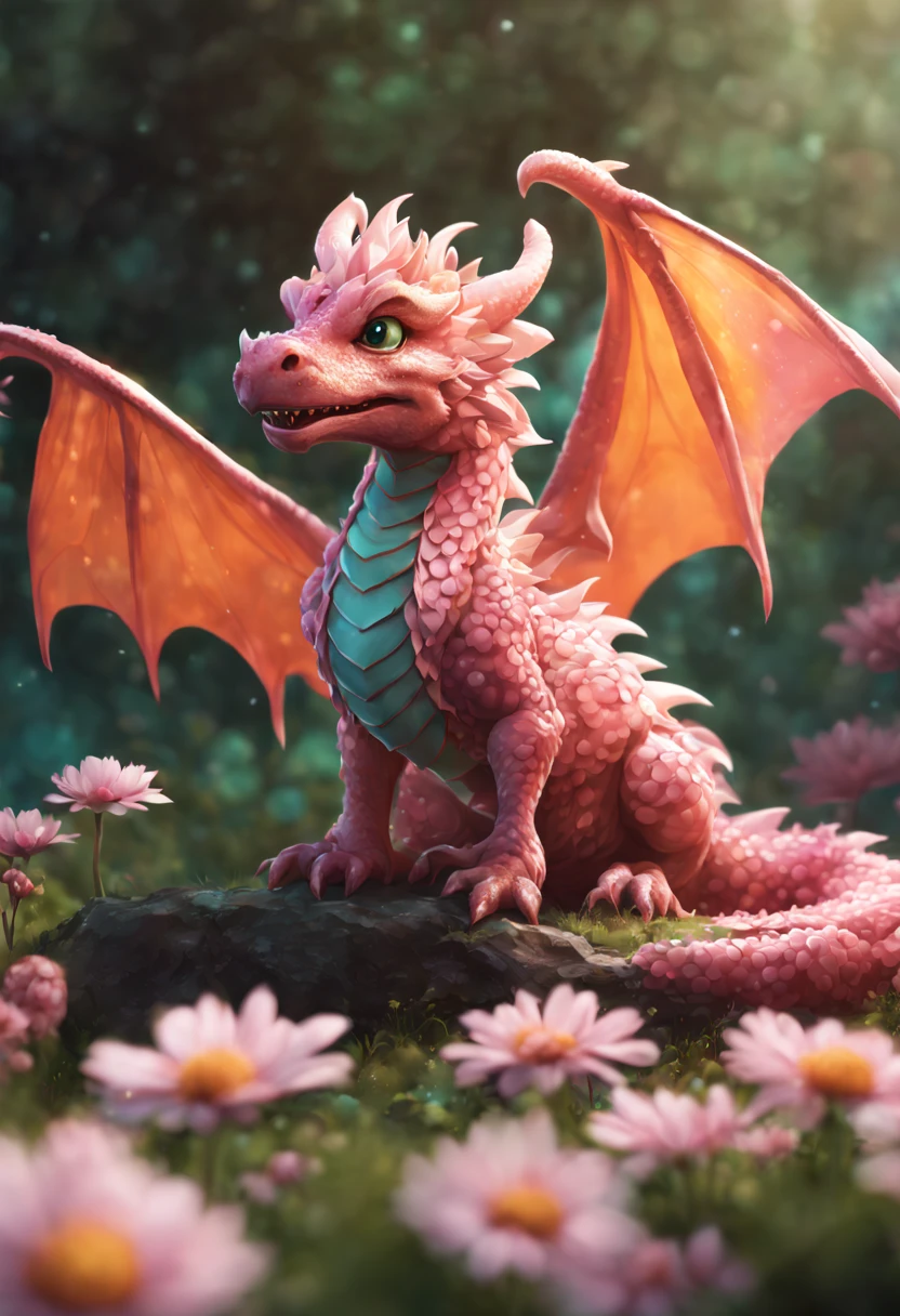 Cute fluffy pink dragon in a field of white flowers, 8k resolution concept art by Greg Rutkowski dynamic lighting hyperdetailed intricately detailed Splash art trending on Artstation triadic colors Unreal Engine 5 volumetric lighting Alphonse Mucha WLOP Jordan Grimmer orange and teal