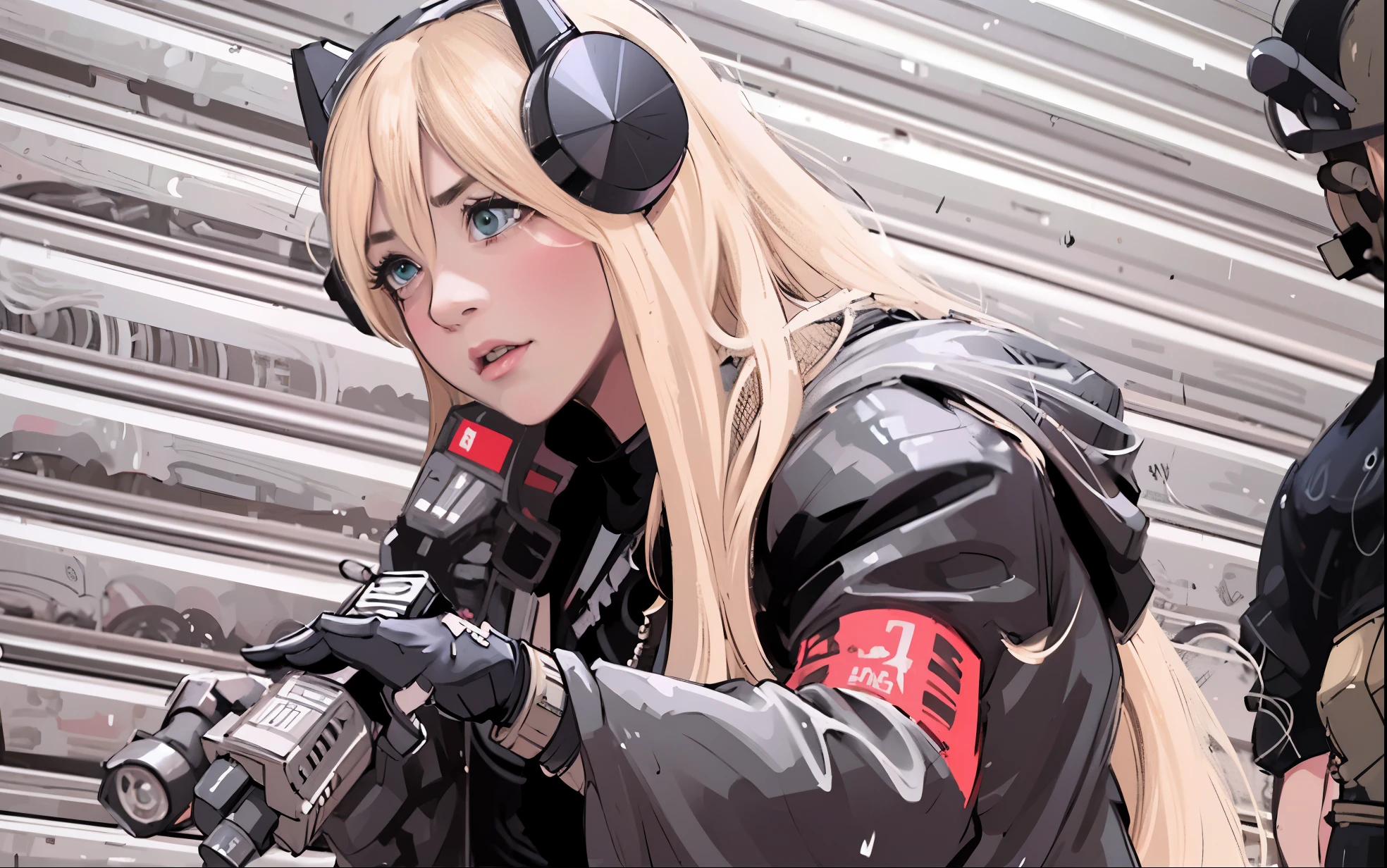 Blonde woman in black leather jacket holding gun, m4 sopmod ii girls frontline, anime girl role play, anime role play, female cyberpunk anime girl, cyberpunk anime girl, anime style mixed with fujifilm, anime cyberpunk, 《Metal Gear Solid》Liu Sam, girls frontline style, professional role play, role player, role play, ig studio anime style, wearing cyberpunk leather jacket，Get a gun，gun in hand