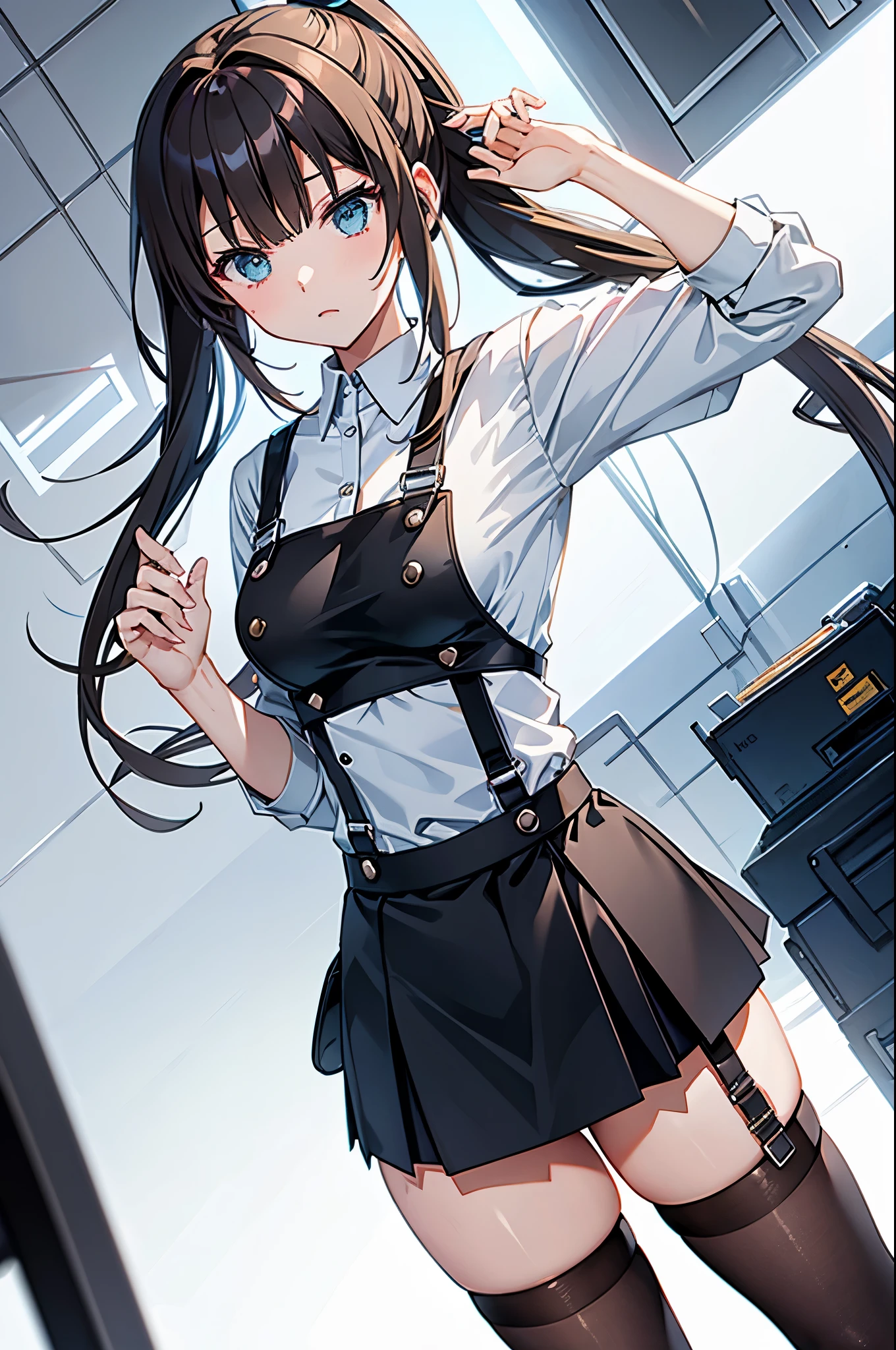 brown hair、looking at the viewer　　suspenders　　　Bulging big breasts　　 　 　　　　Black miniskirt　garter belt　knee high socks　　　　　　Gaze　　　small face　bangs 　　　　　Beauty　　hands up　　 　Gaze 　black boots 　provocation　　armpit sweat　one person 　　put your hands behind your back　cutter shirt　　Panty shot　ginka 
