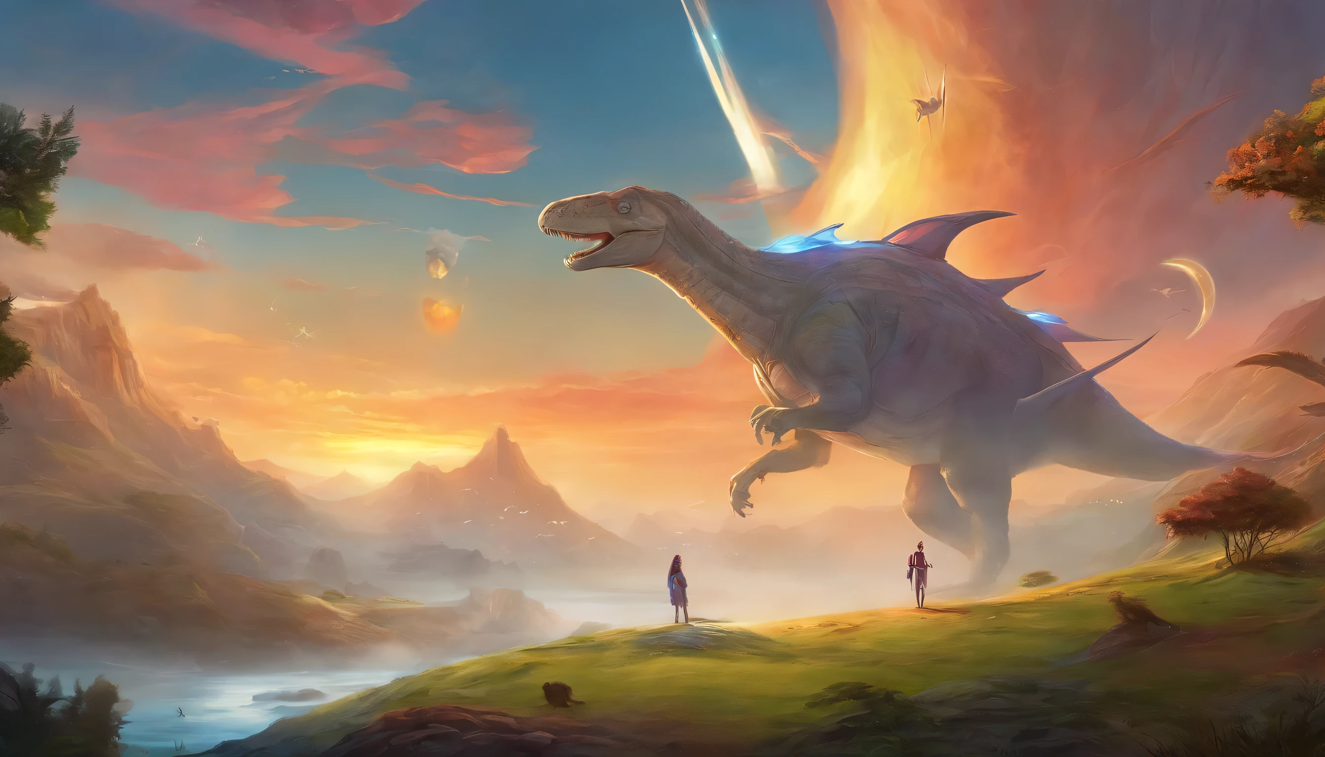 Conclude the story with an image depicting the spaceship and dinosaur in a moment of celebration. Capture the whimsy and joy as the characters symbolize the triumph of surrealism and science fiction, leaving an indelible mark on the fantastical landscape.