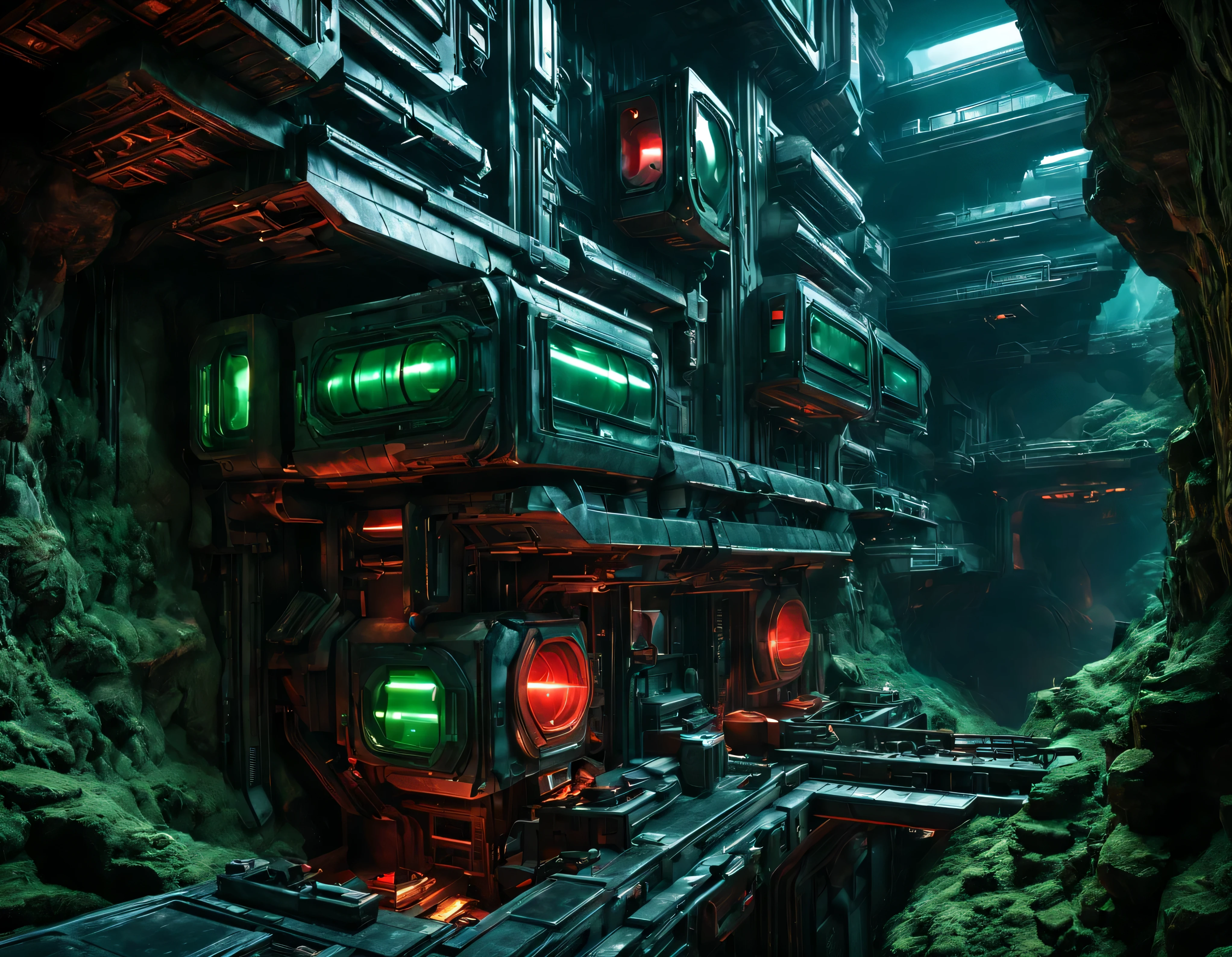 In a ravine on an unknown planet, a hotel with super-technological metal and glass facilities is embedded in one of its outer walls. , que sobresalen por encima del barranco, con ventanas eluminadas con luces rojas , verdes y azul brillante, all full of imagination and science fiction, sharp well defined, 8k image. (detalles intrincados de la maquina) , 8k. cinematographic image. ((obra maestra de superior calidad)). (renderizado 3D).