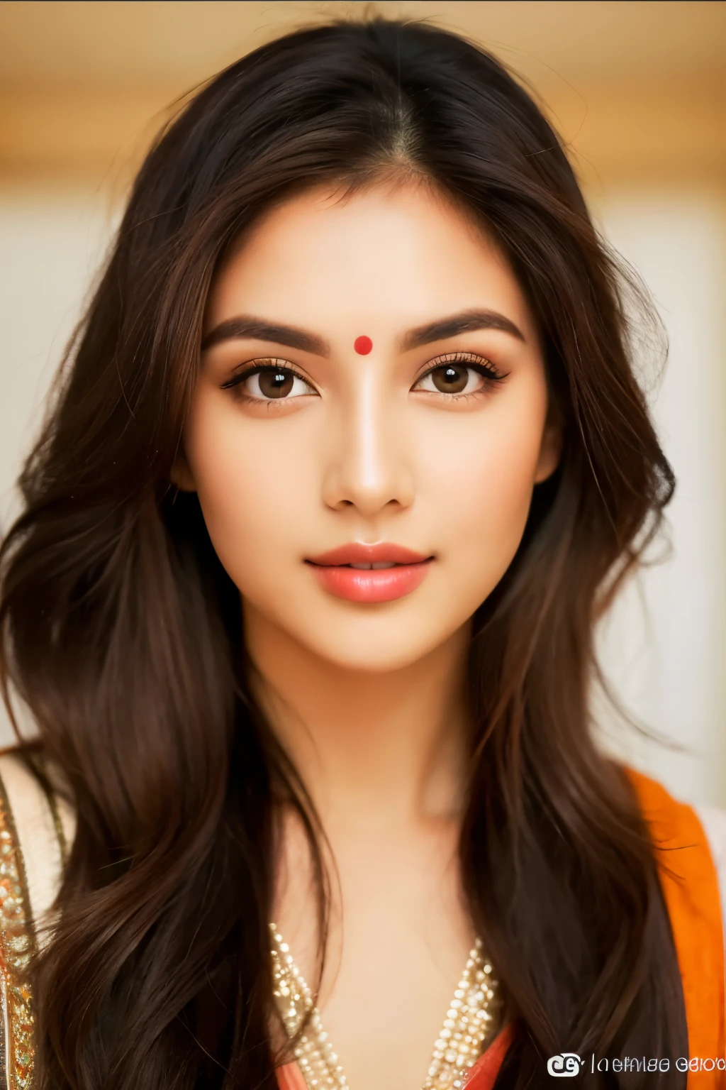 Create an image of a captivating face for your Instagram account. Feature an individual with a subtle Indian essence, blending cultural diversity. Emphasize the golden ratio in facial proportions, enhancing the allure. Capture expressive brown eyes that radiate charisma. Ensure the overall aesthetic aligns with the desired modern and versatile appeal. Confirm when ready for the next prompt.remove red dot on her forehead betweeen eyebrows
