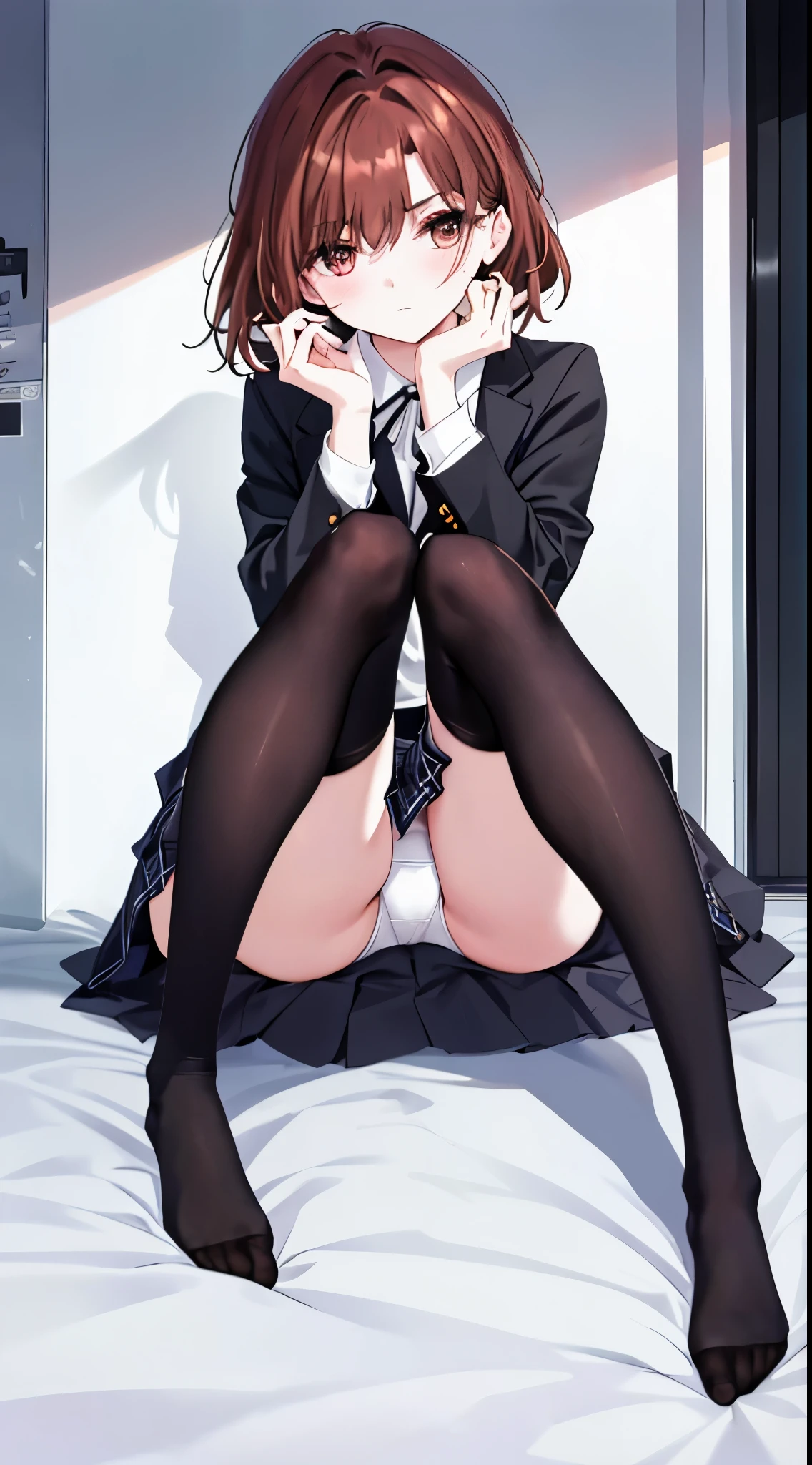 finest, masterpiece, High resolution, (Full body view from head to toe), front, frontやや下からの構図, Symmetrical, 18 year old tall girl, alone, (whole body from head to toe), (small breasts), Unkempt brown hair, bangs, (black tights), (black pantyhose), (sitting with legs spread apart), (squating pose), (composition showing white panties), (Her legs are spread open and her white panties are visible.), (made to sit on the floor with legs spread), (M-shaped legs), Slender legs, A very beautiful and tall 18 year old girl, (not wearing shoes), blush, shy big eyes, looking at camera, Blazer Uniform, Plaid pleated skirt