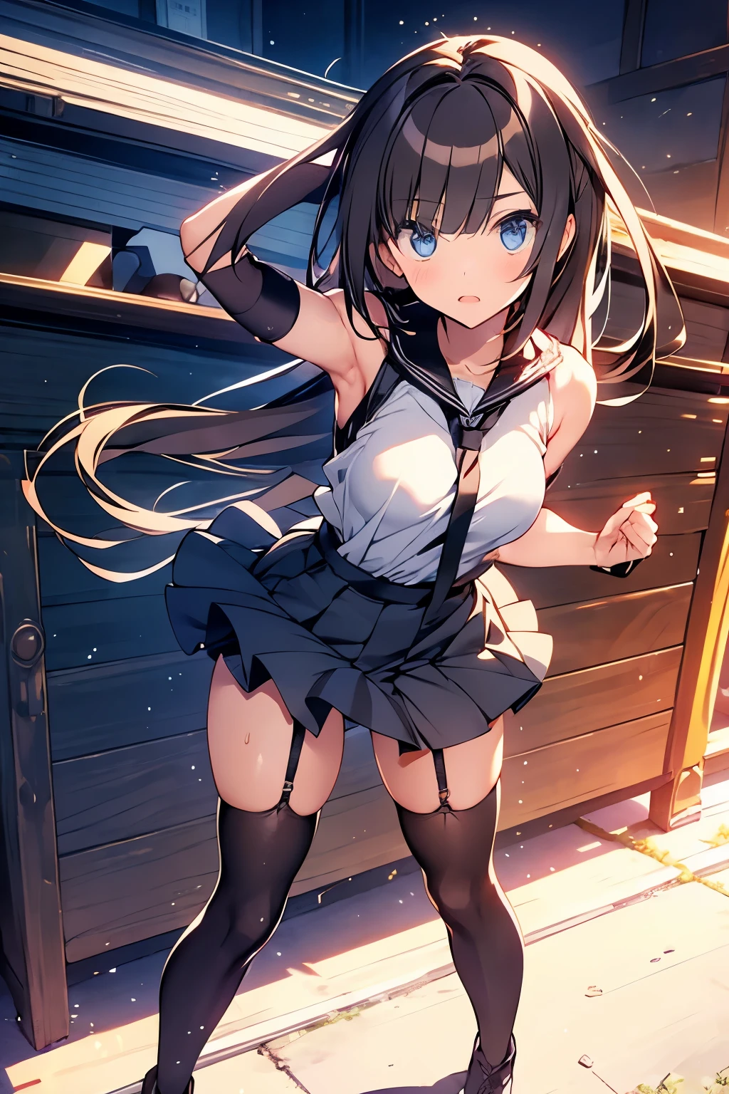 brown hair、looking at the viewer　　suspenders　　　Bulging big breasts　　 　 　　　　Black miniskirt　garter belt　knee high socks　　　　　　Gaze　　　small face　bangs 　　　　　Beauty　　hands up　　 　Gaze 　black boots 　provocation　　armpit sweat　one person 　　put your hands behind your back　cutter shirt　　Panty shot　ginka 
