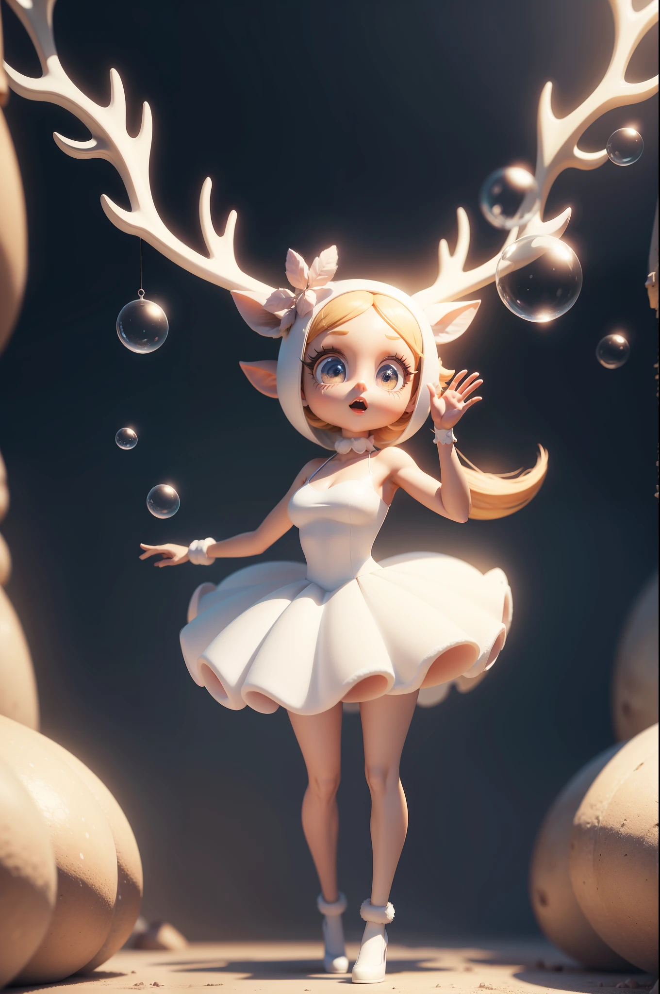 Cartoon IP image，3D modeling rendering effects，Datouhe ，Bubble Mart style，The whole body is white，Have big eyes，There is a pair of antlers and deer ears on the head，stand up，positive view，4K